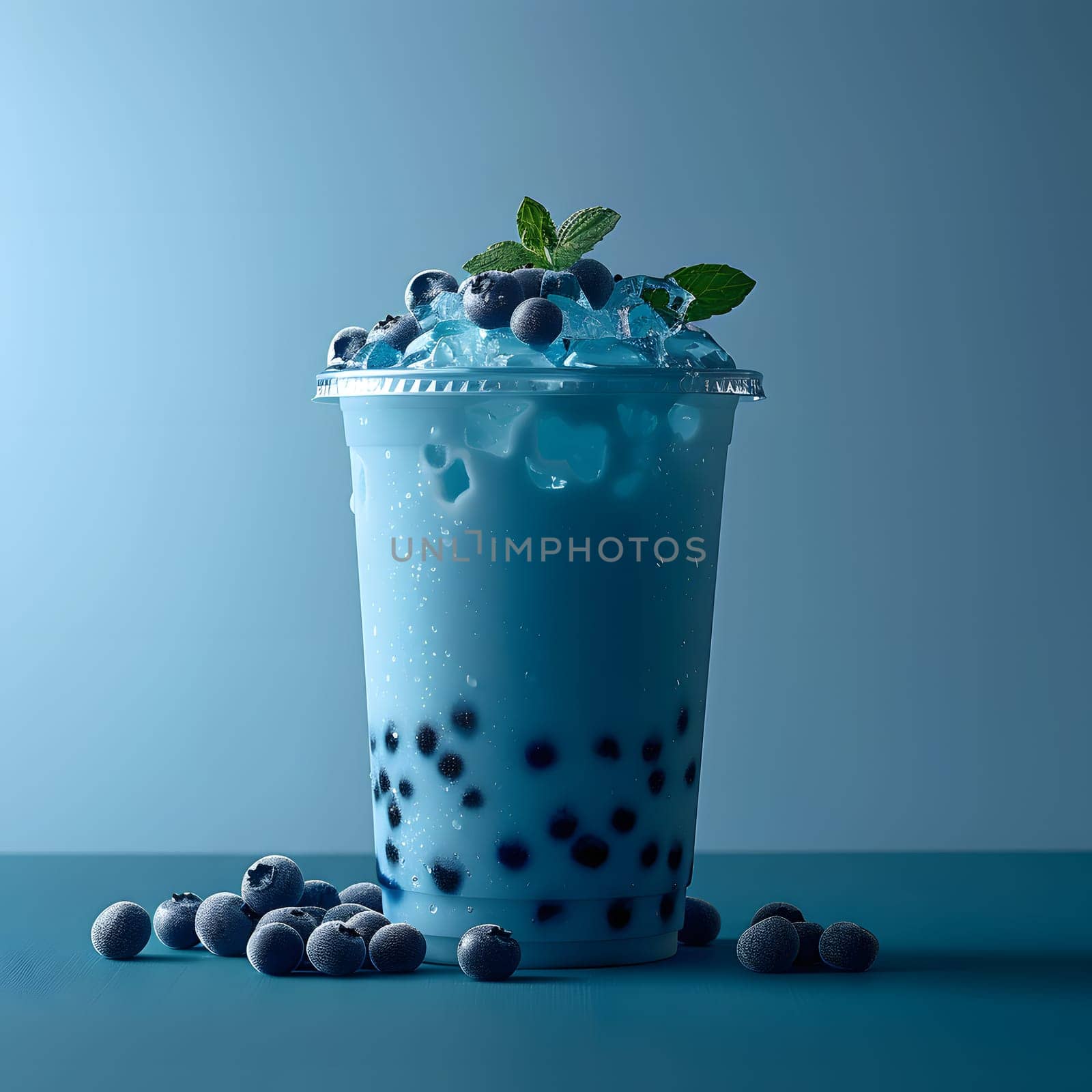 Azure liquid with bubbles and blueberries in a plastic cup on a table, complemented by a drinking straw. Aqua ingredient from a plantbased drinkware