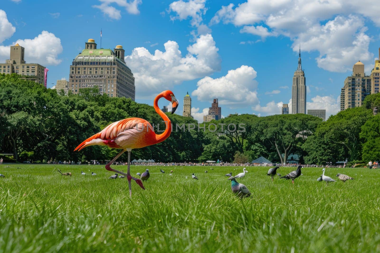 A vibrant red flamingo gracefully walks across the lush green grass of Central Park