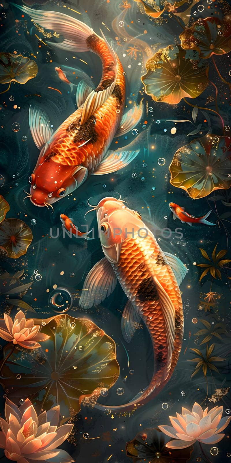 Three electric blue koi fish swim among water lilies in a pond by Nadtochiy