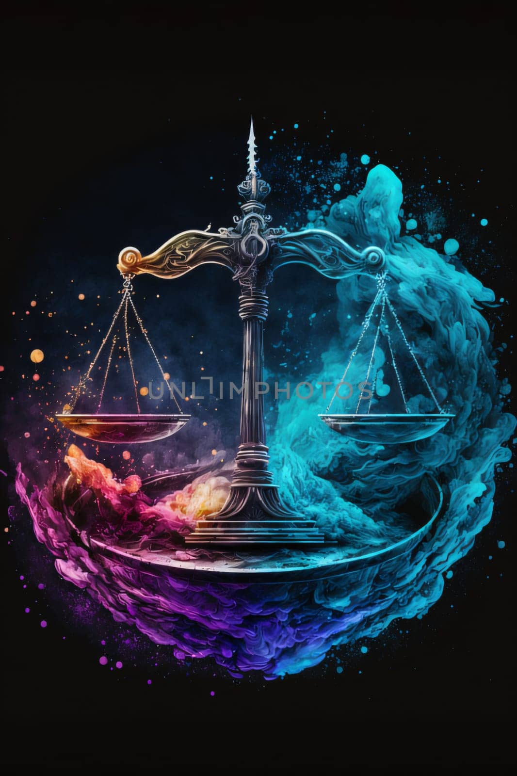 Sign of the zodiac: Scales of justice and colorful smoke on black background. Art design