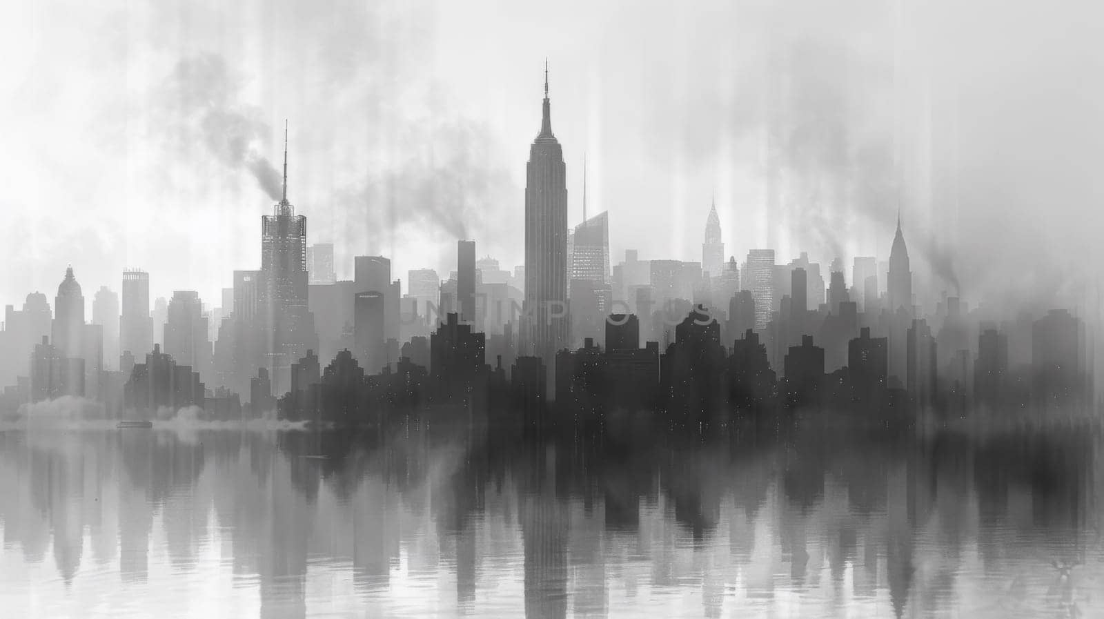 A black and white photo of a city skyline with smoke coming out