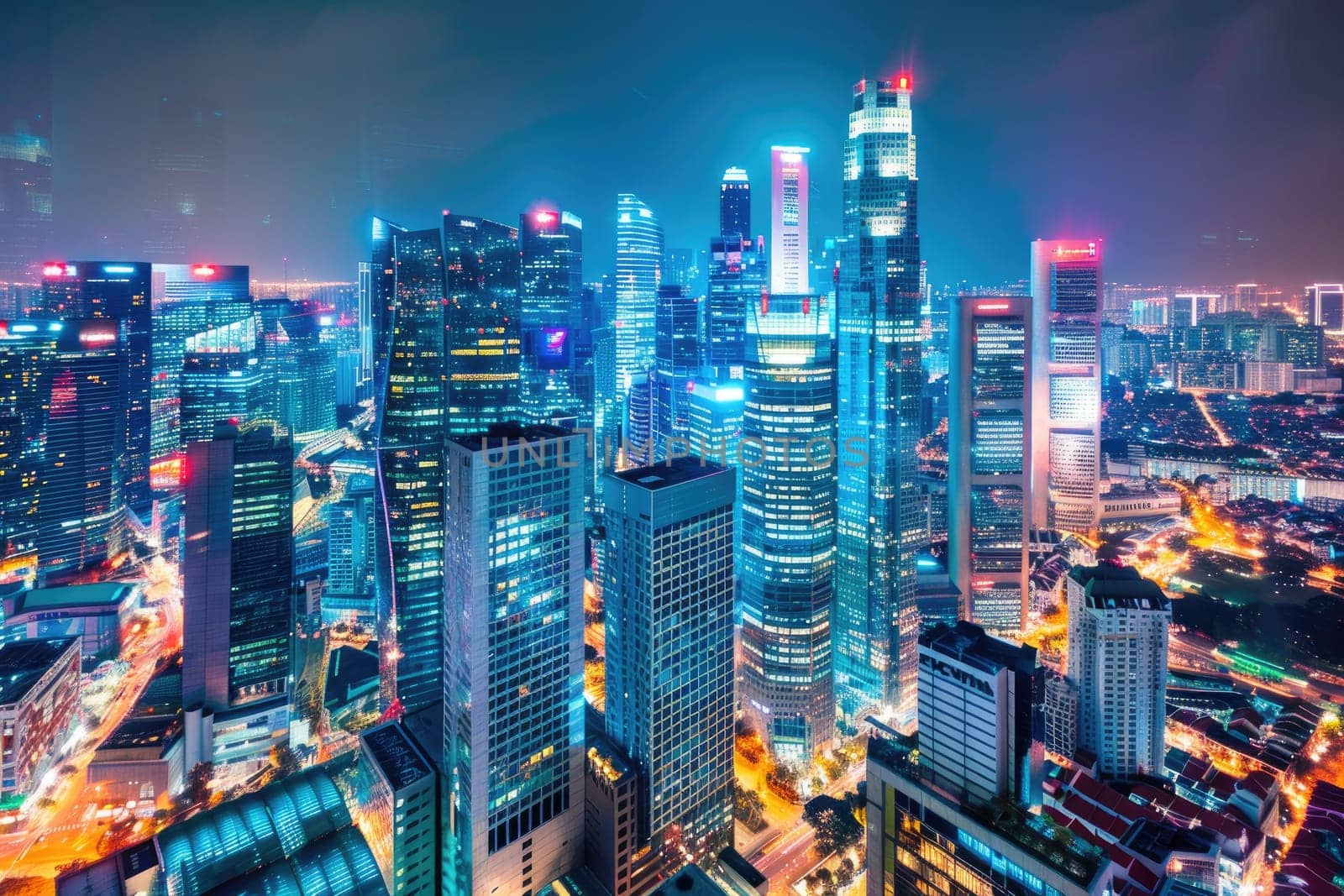 A bustling cityscape at night with vibrant lights