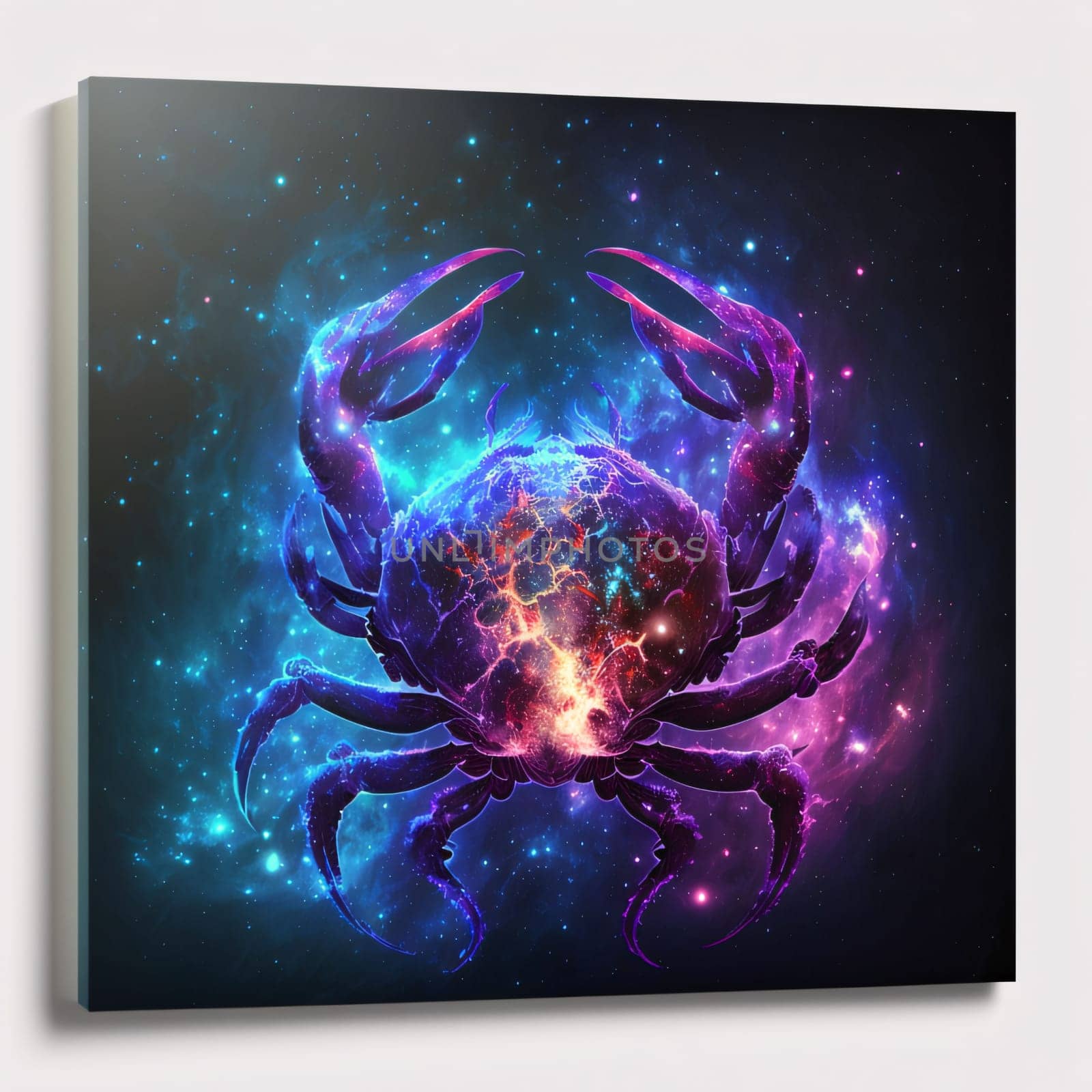 Signs of the zodiac: Vector illustration of a glowing blue crab on a dark space background.