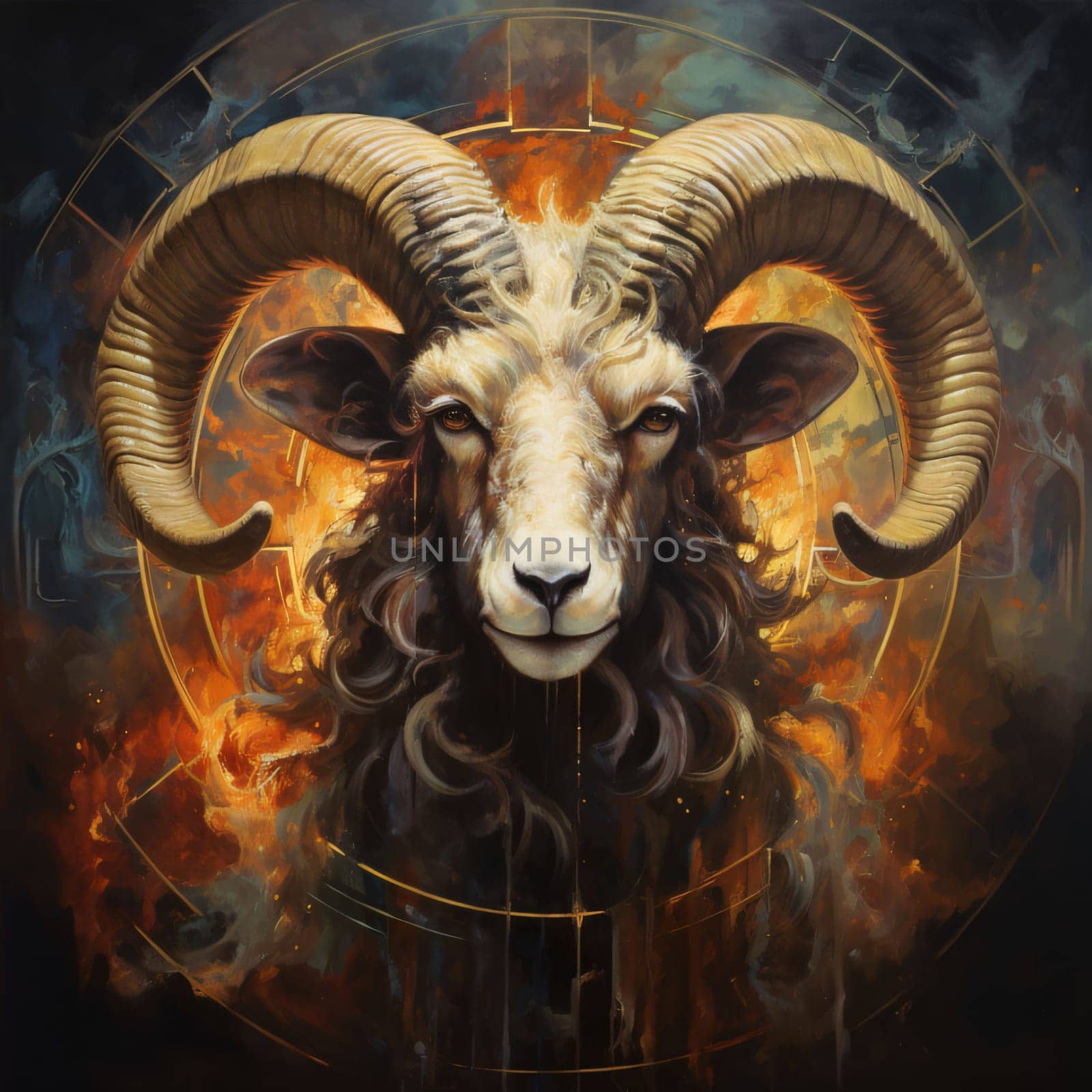 Signs of the zodiac: Ram head with horns and fire in the background. Digital painting.