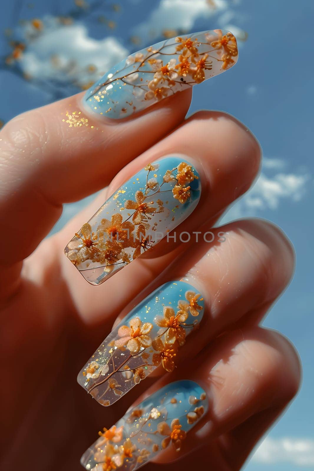 A close up of a persons nails with flowers on them set against a vibrant electric blue sky. The nails are a fashion accessory made from natural materials, displayed on the fingers and thumb