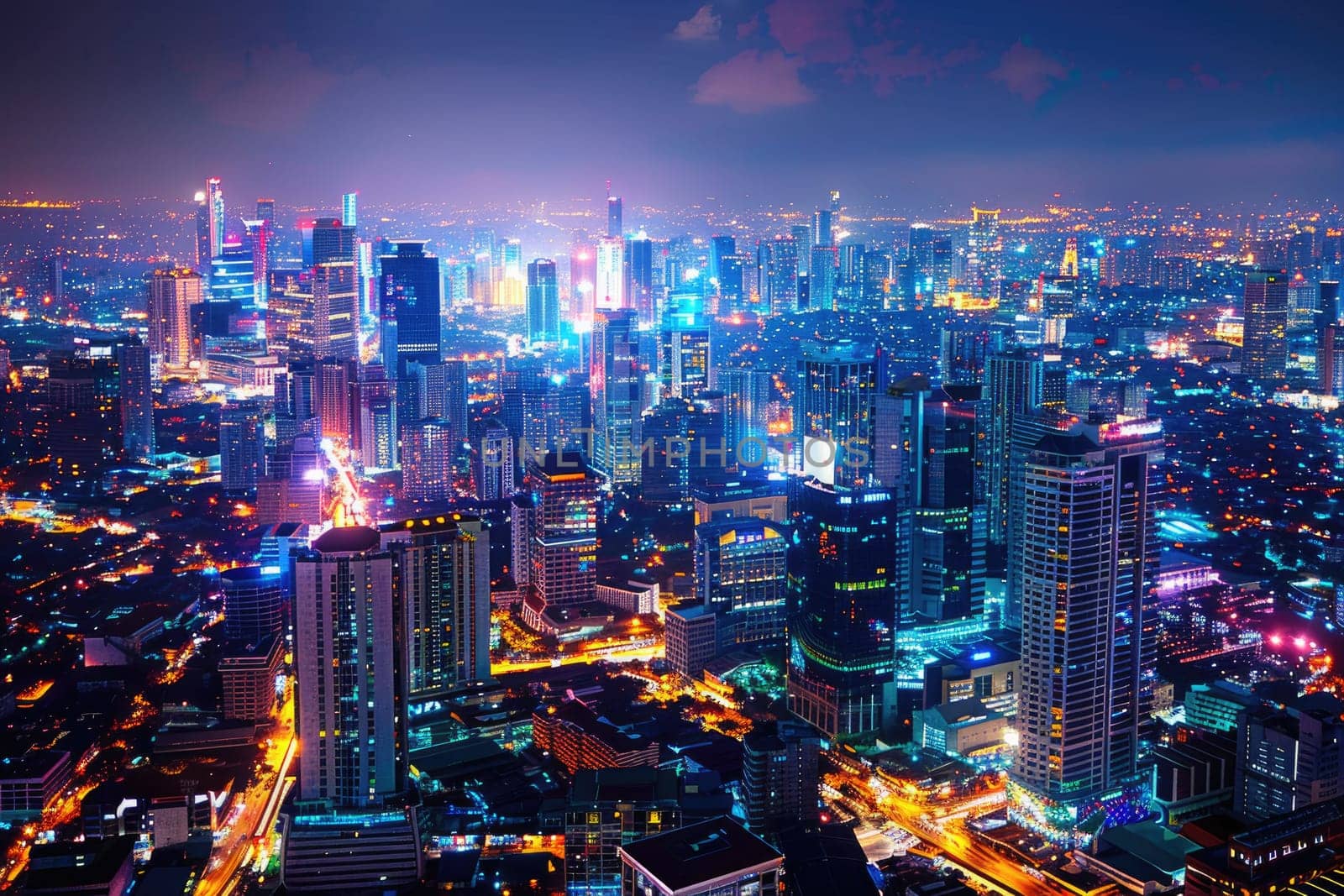 A bustling cityscape at night with vibrant lights. by Chawagen