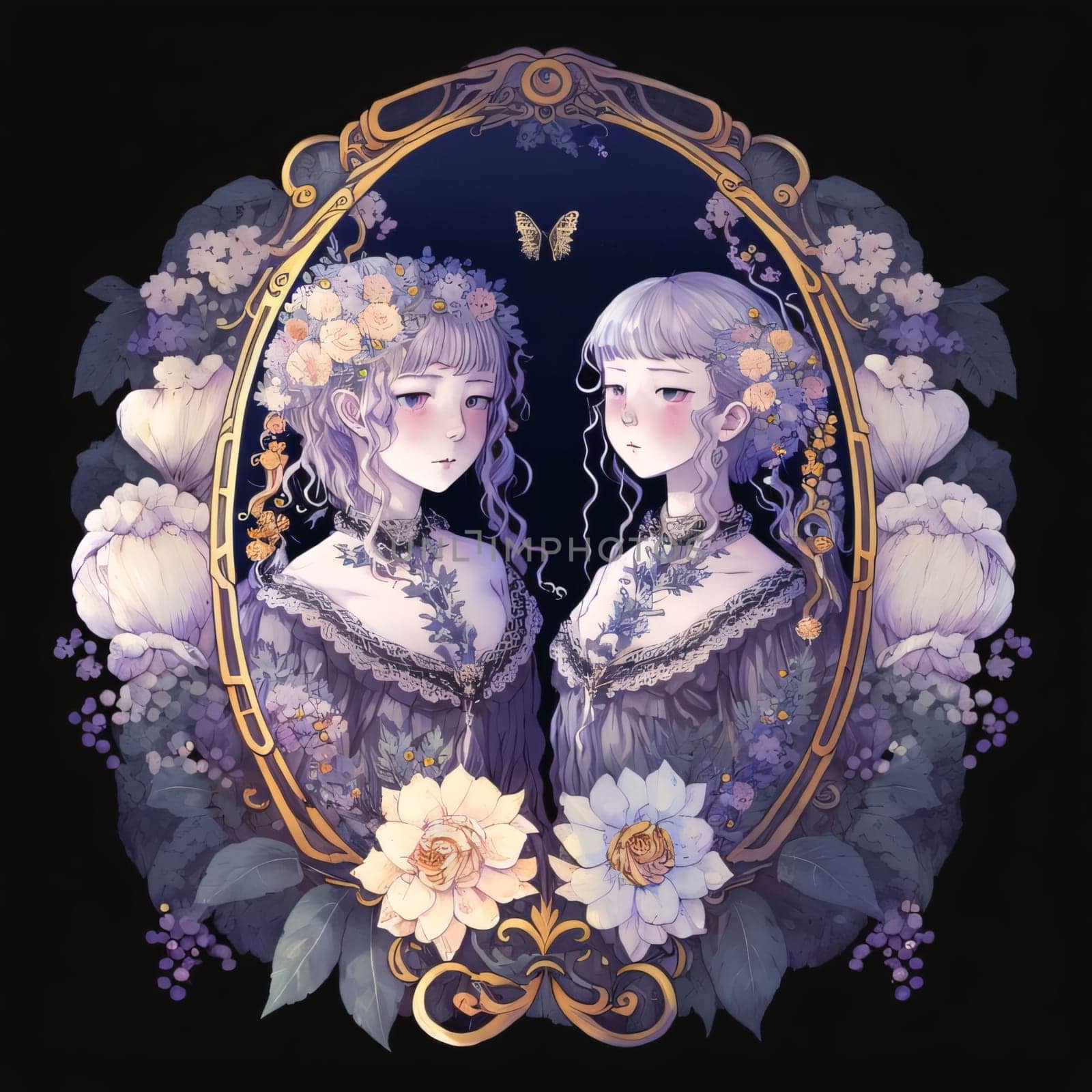 Signs of the zodiac: Watercolor illustration of two girls with flowers in vintage frame on black background.