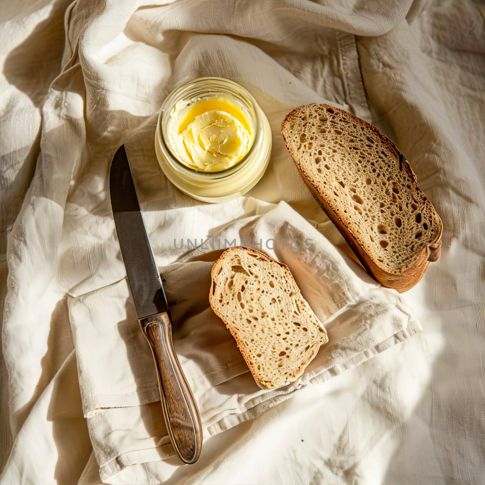 Top view of a jar of ghee and two slices of healthy whole grain bread on a light background. Healthy diet.