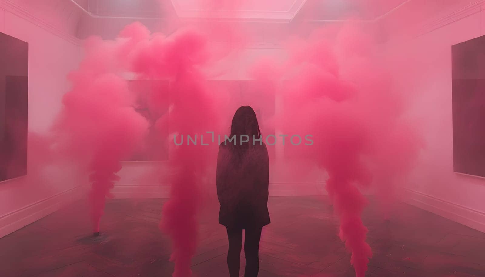 a woman is standing in a room filled with pink smoke. High quality photo