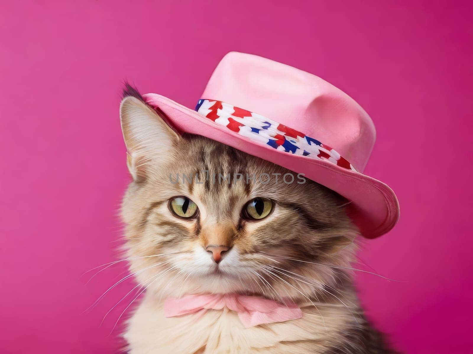 Glamorous cat wearing a hat in the color of the US flag on a pink background. by Ekaterina34