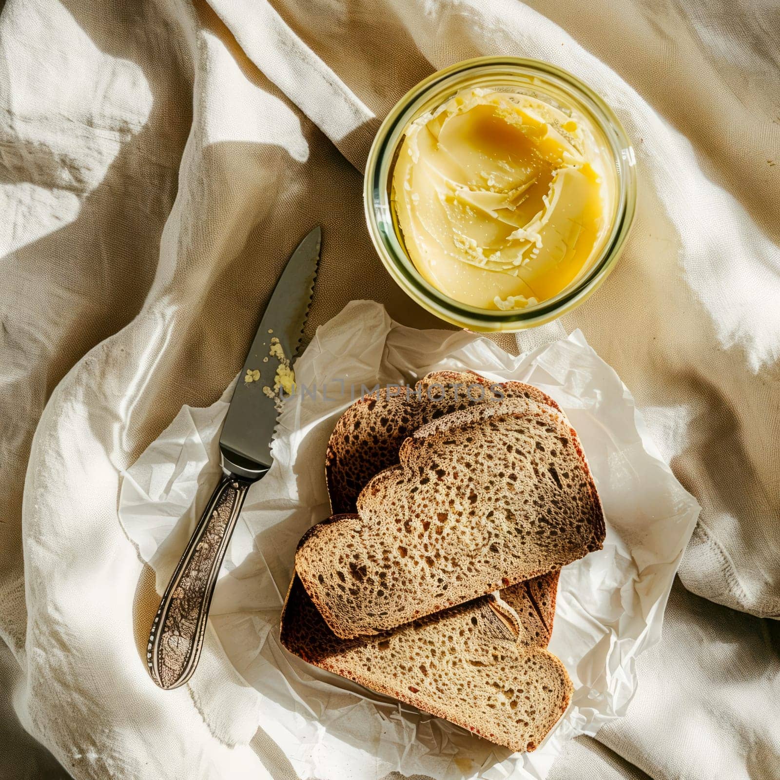 Top view of a jar of ghee and two slices of healthy whole grain bread on a light background. Healthy diet.