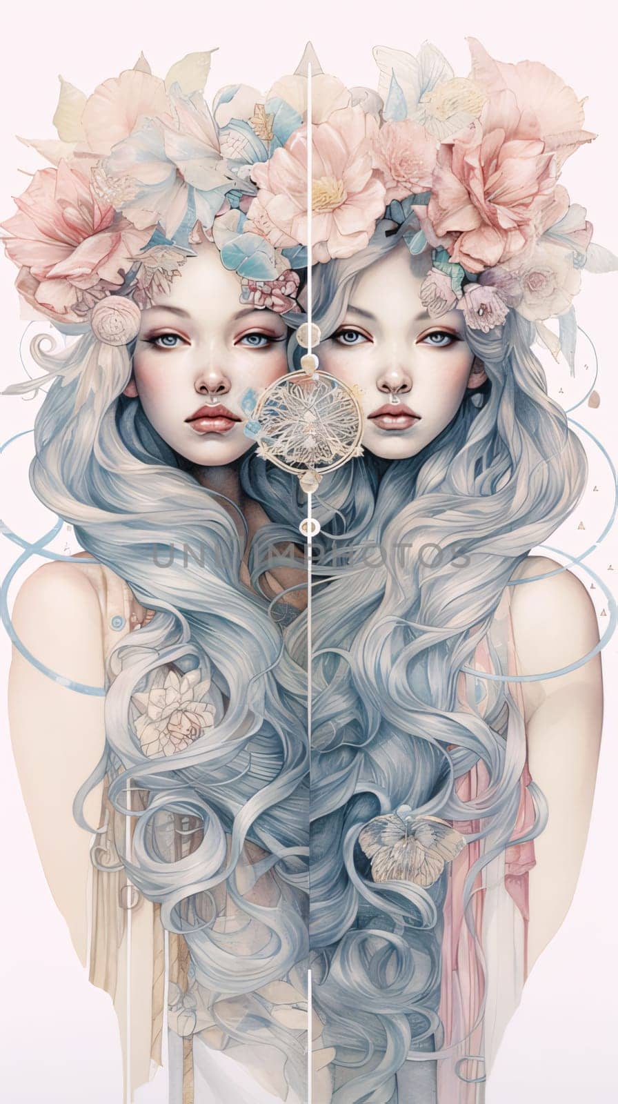 Signs of the zodiac: Two beautiful girls with long hair and floral wreath on her head.