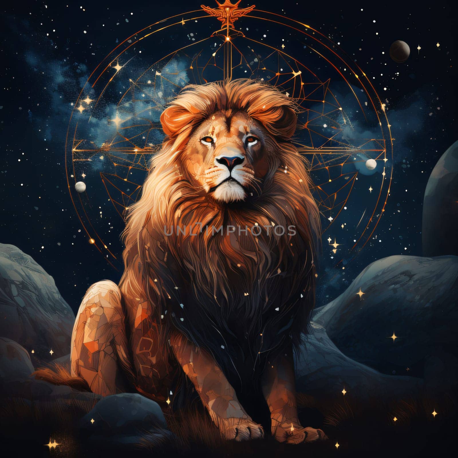 Signs of the zodiac: Zodiac sign Leo. Zodiacal illustration with a beautiful lion.
