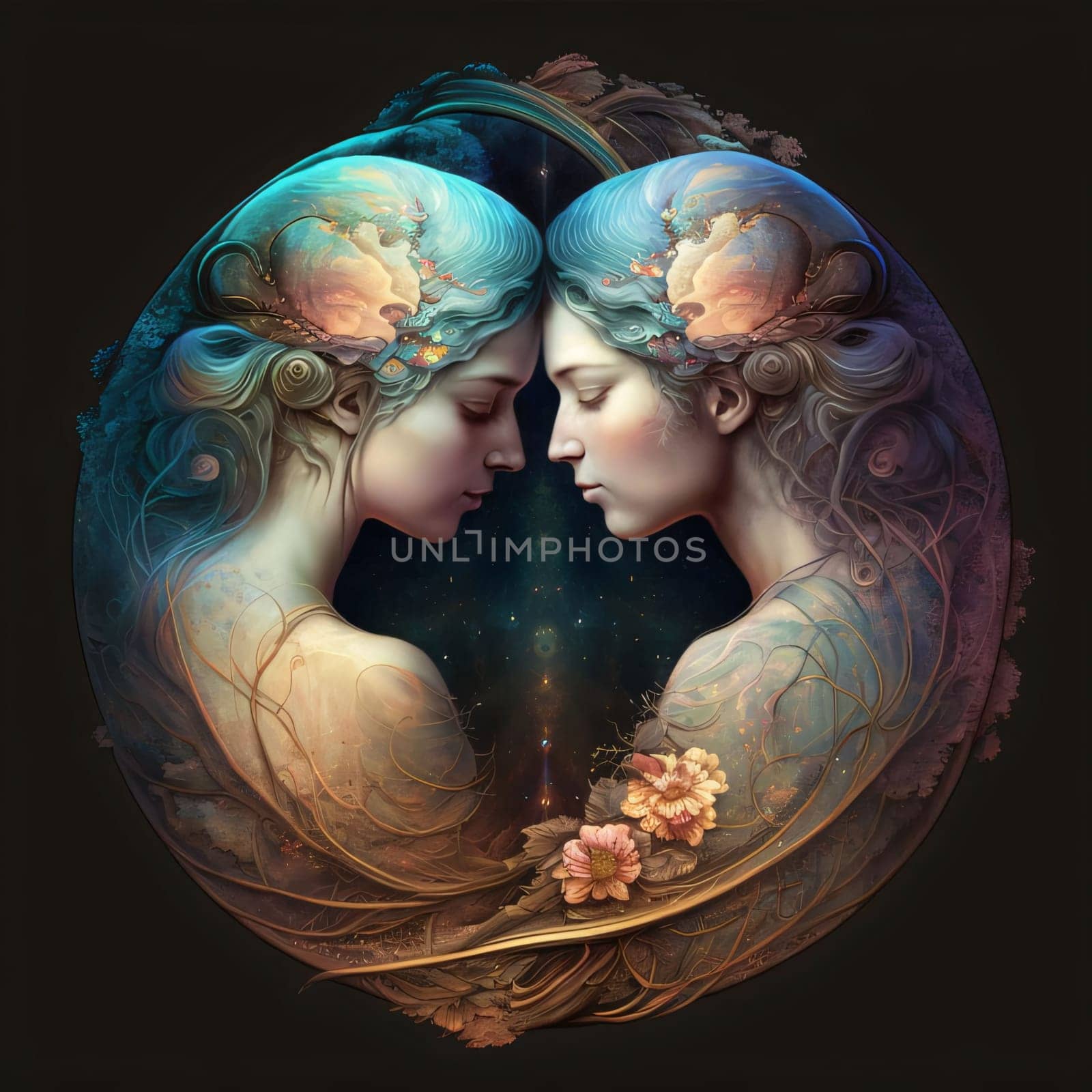 Signs of the zodiac: Double exposure of beautiful woman and man in space. 3D rendering