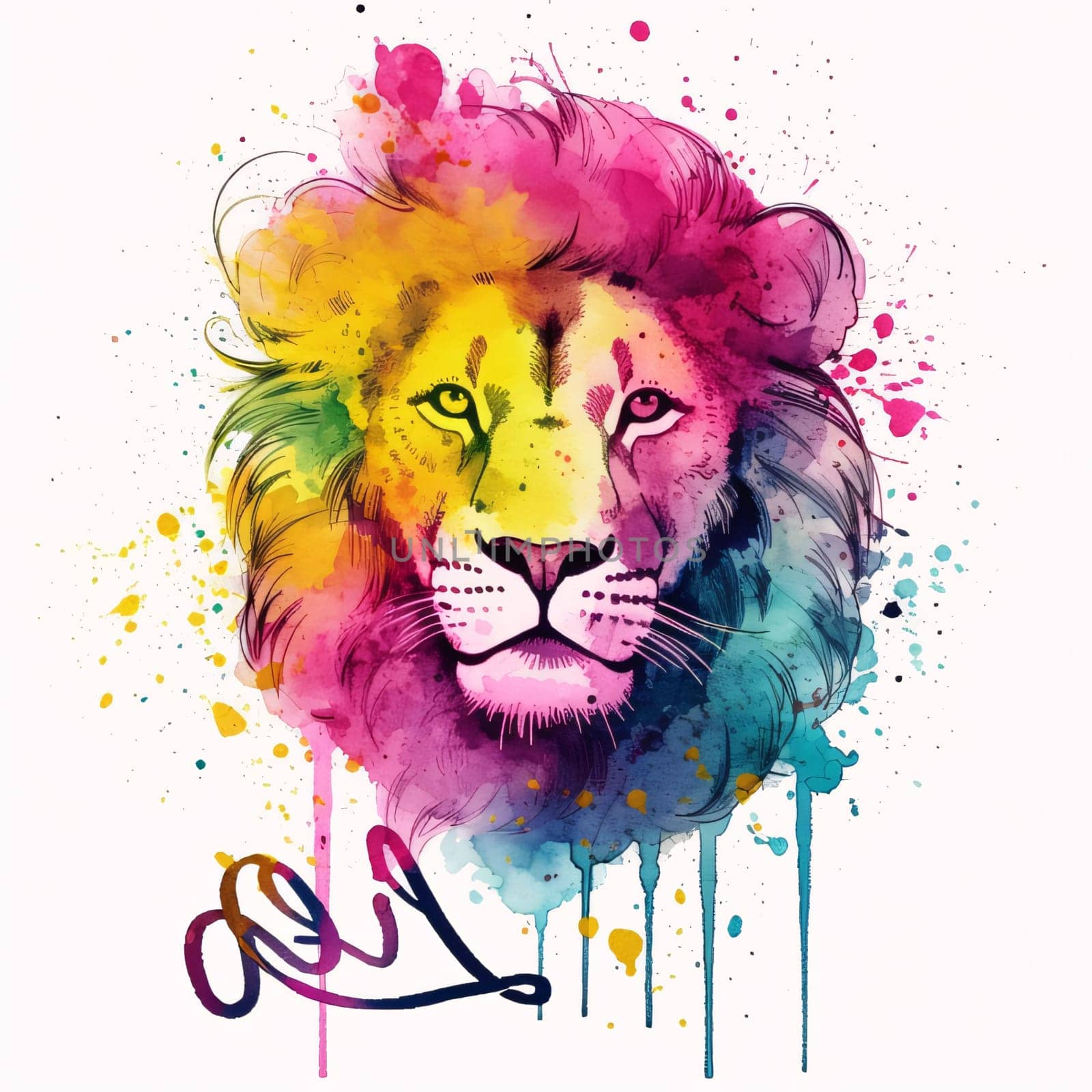 Signs of the zodiac: Lion head with colorful paint splashes. Hand drawn vector illustration.