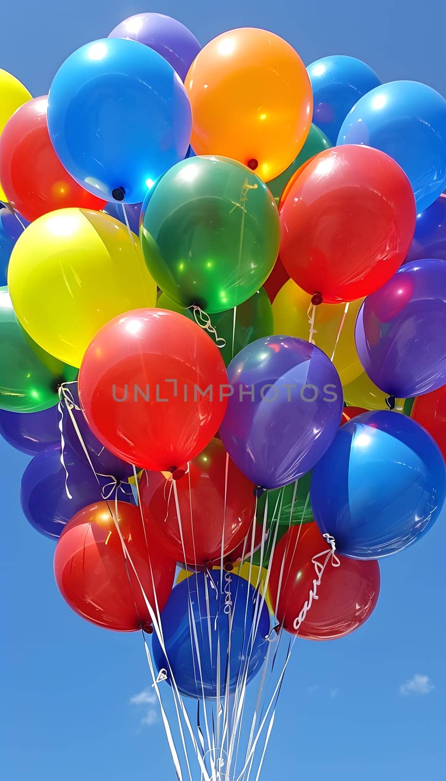 A collection of vibrant balloons floating against a light azure sky, adding pops of pink, red, and magenta to the natural environment like colorful toys in the sky