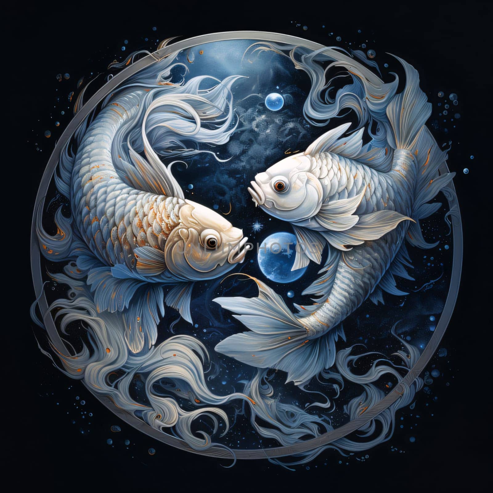Signs of the zodiac: Beautiful goldfish swimming in the water. Illustration on a dark background.