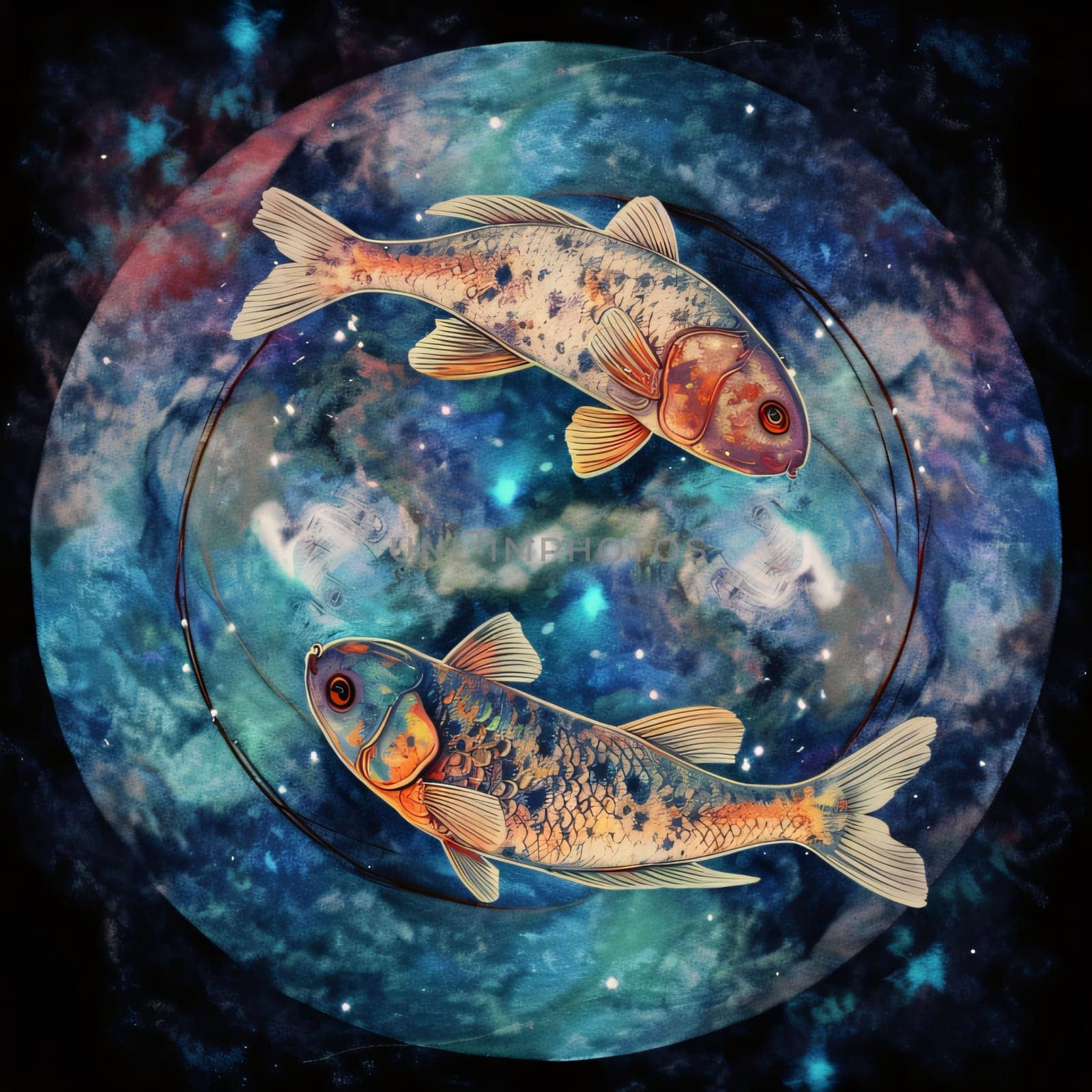 Signs of the zodiac: Koi fish swimming in the outer space. Zodiac sign.