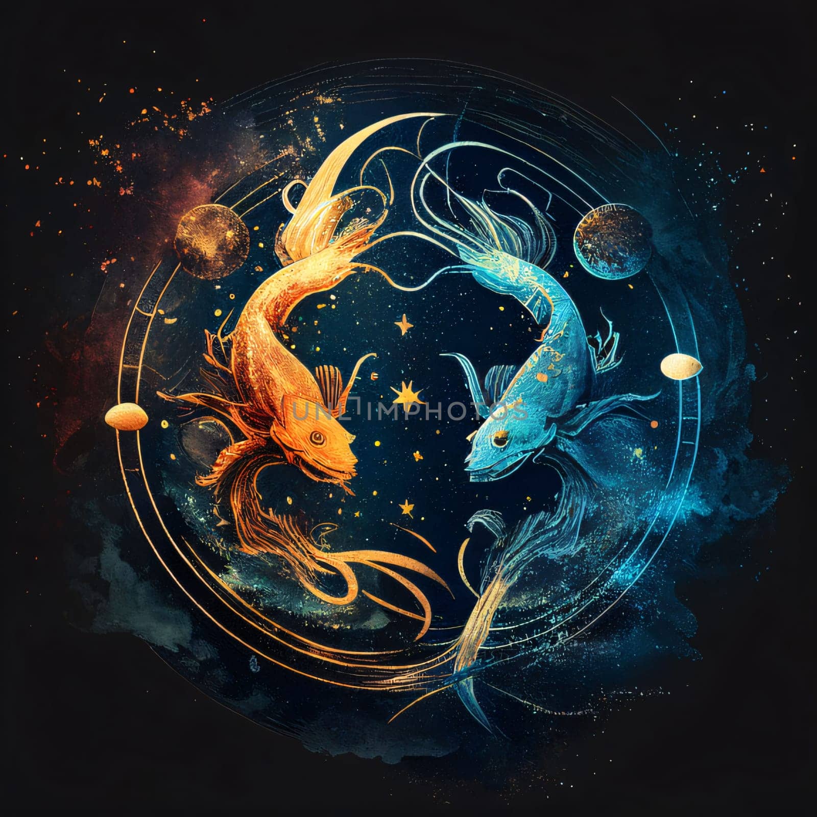 Signs of the zodiac: Koi fish in the circle of space. Zodiac sign.