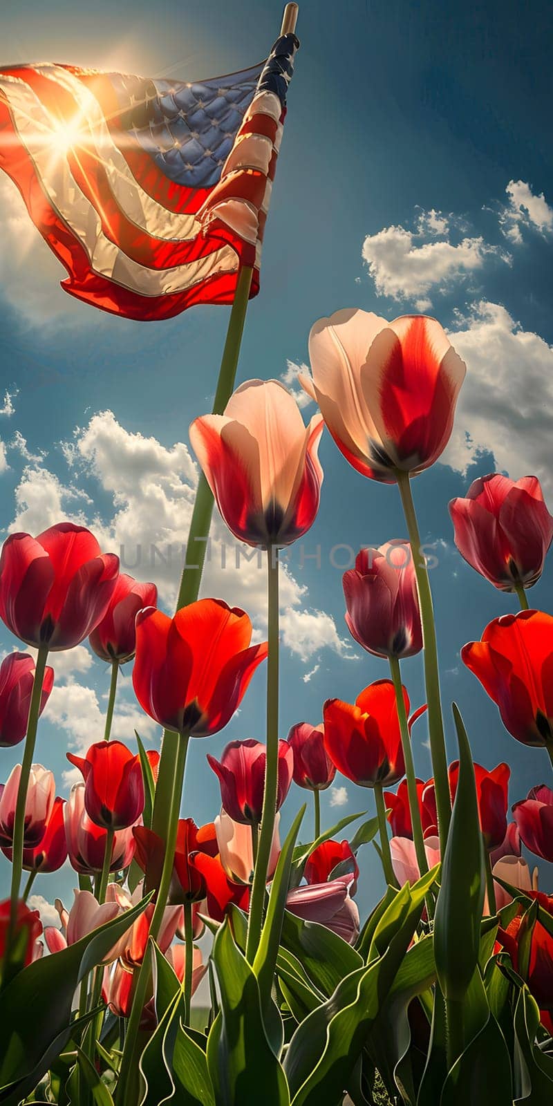 A picturesque field of red and white tulips with an American flag fluttering in the background, set against a sky dotted with fluffy clouds