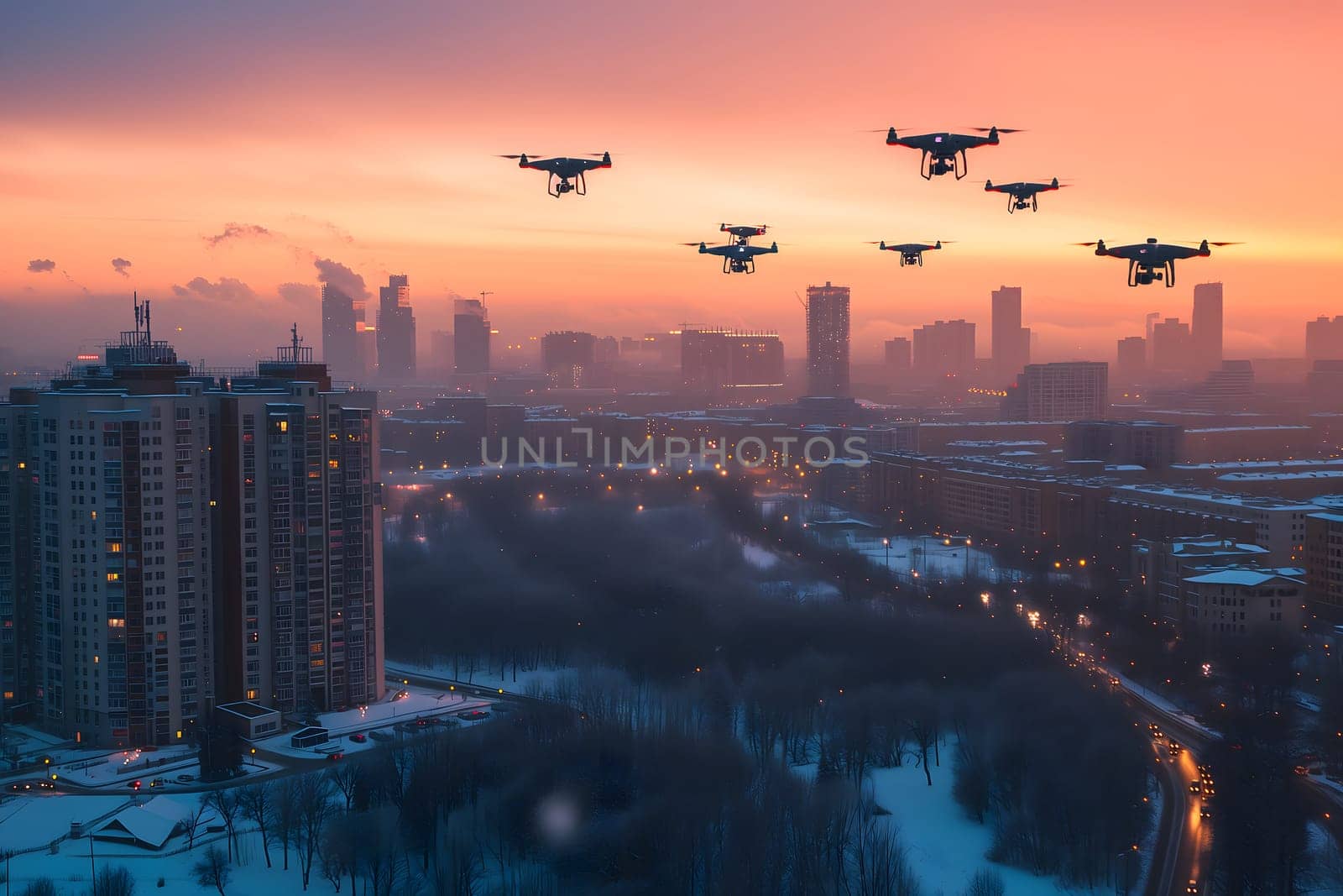 group of drones over city at winter sunset or sunrise by z1b