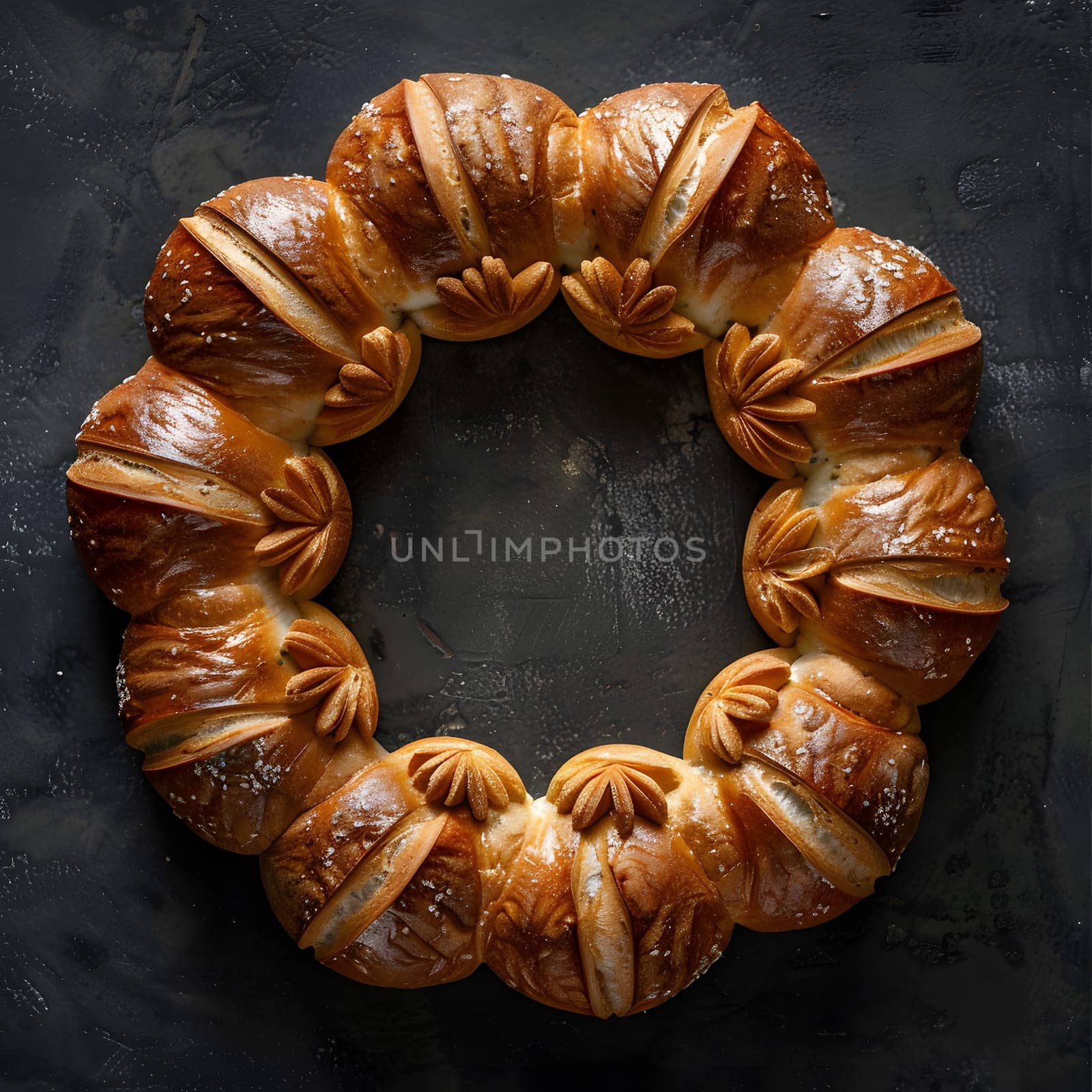 A circle made of natural materials resembling a wreath of bread sits on a black table, showcasing its intricate pattern and symmetry, resembling a fashion accessory or jewellery piece