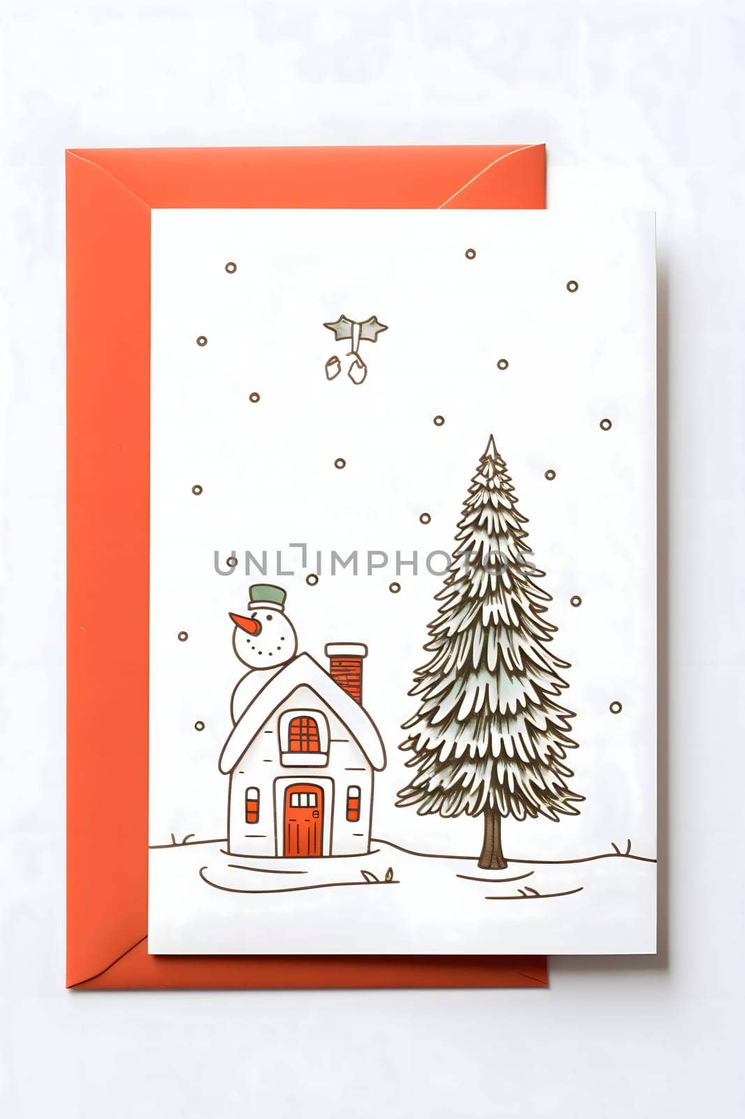 Drawn Christmas tree, snowman and house on a white card. Christmas card as a symbol of remembrance of the birth of the savior. A Time of Joy and Celebration.