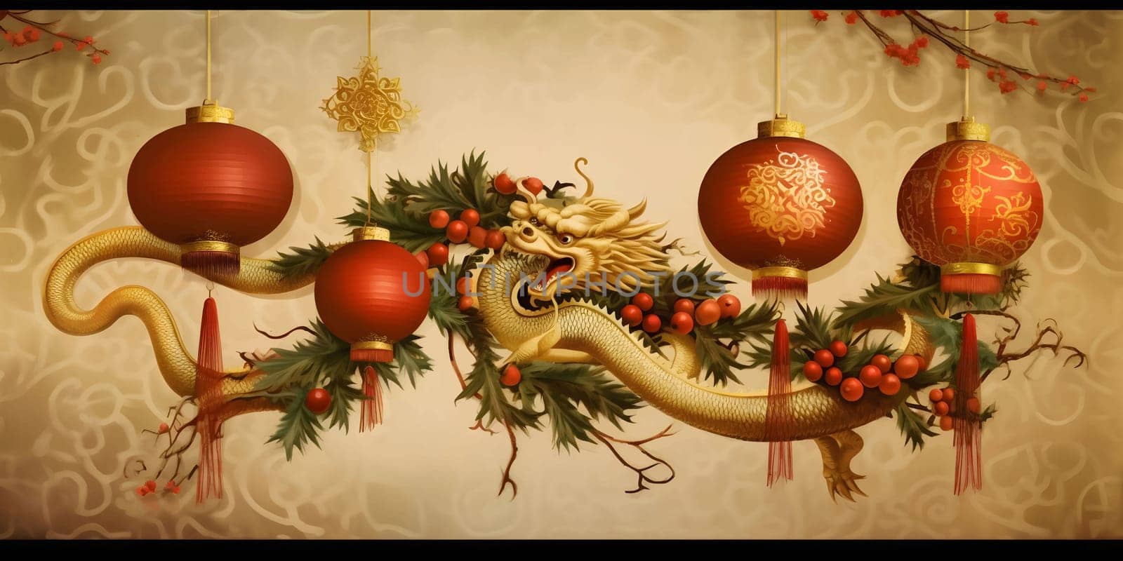 Banner big green dragon and Chinese New Year Lanterns. Christmas card as a symbol of remembrance of the birth of the savior.A Time of Joy and Celebration.