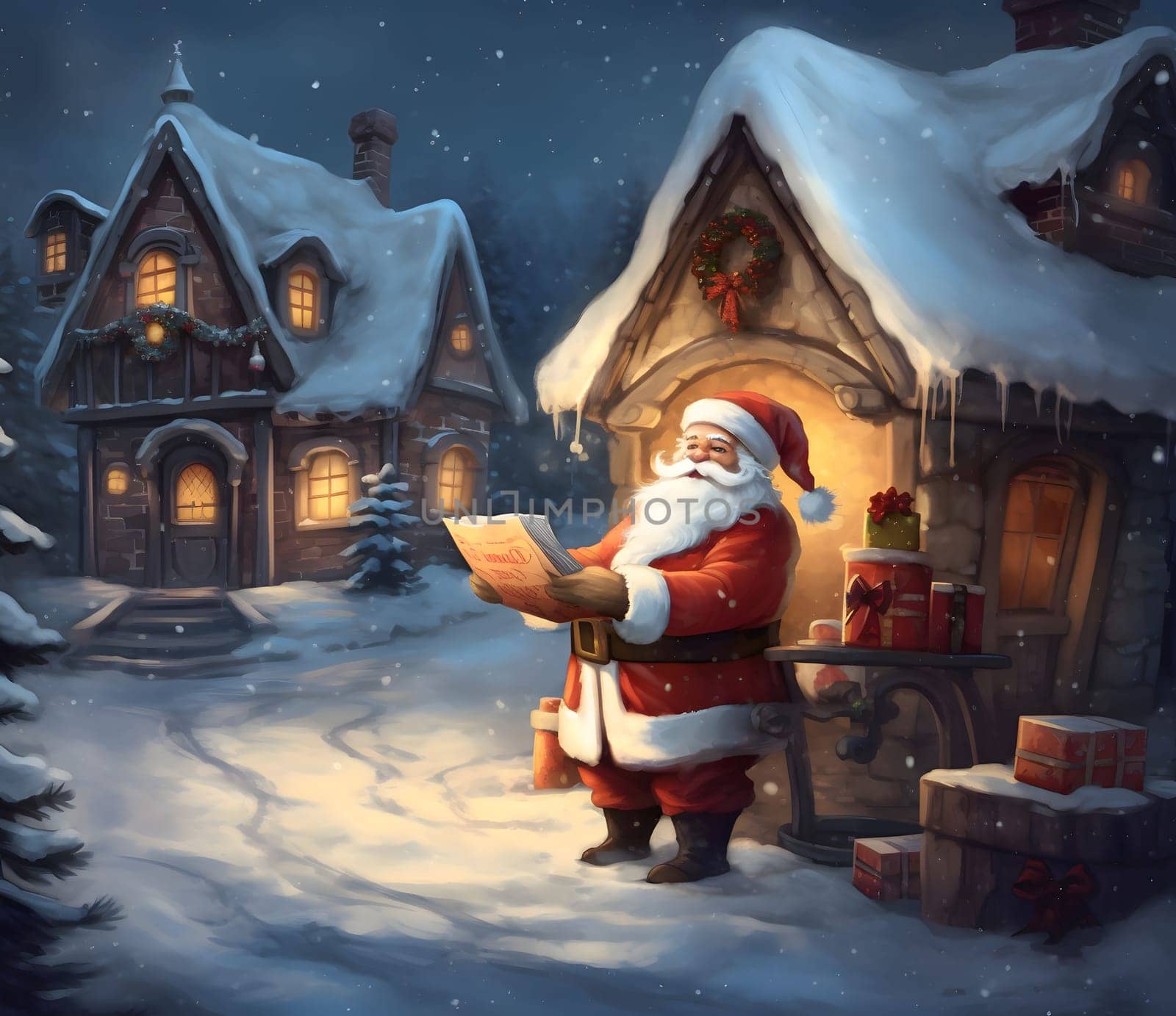 Illustration of Santa Claus reading a letter in front of his hut, winter night scenery. Christmas card as a symbol of remembrance of the birth of the Savior. A time of joy and celebration.