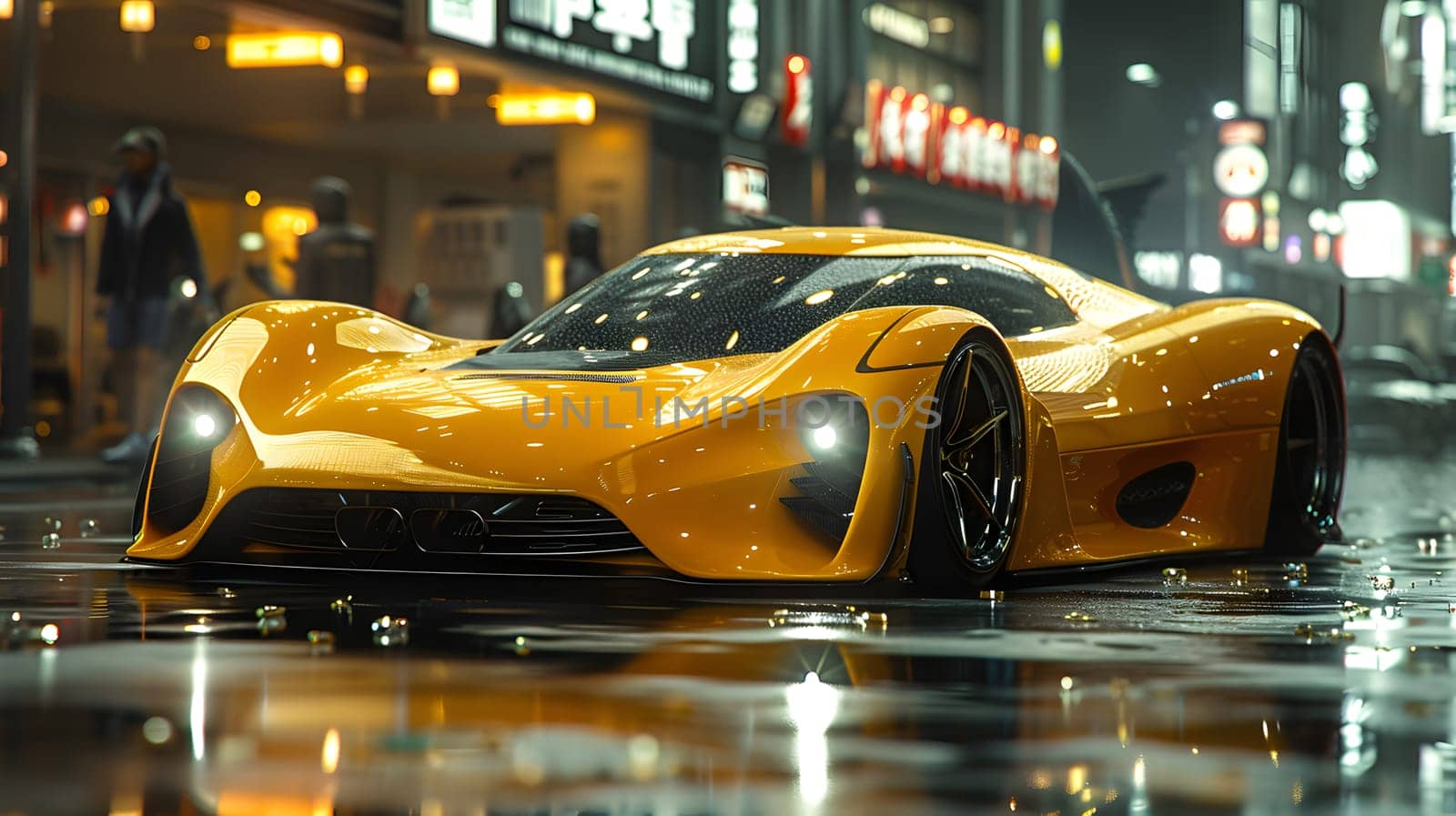 A vibrant yellow vehicle with sleek automotive design is navigating through the wet city streets at night, illuminated by its automotive lighting