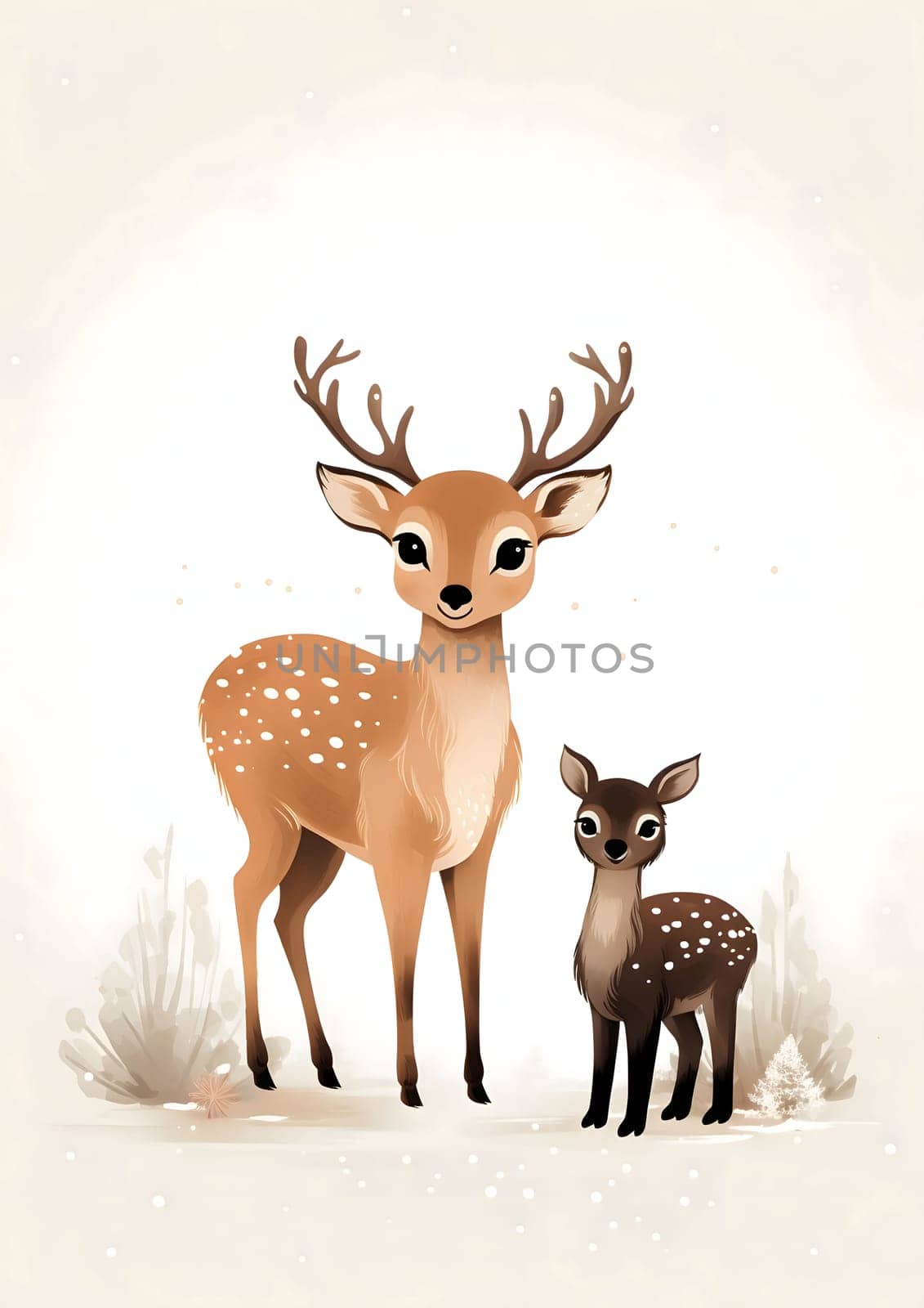 Illustration of two young deer and falling snow. Christmas card as a symbol of remembrance of the birth of the Savior. A time of joy and celebration.