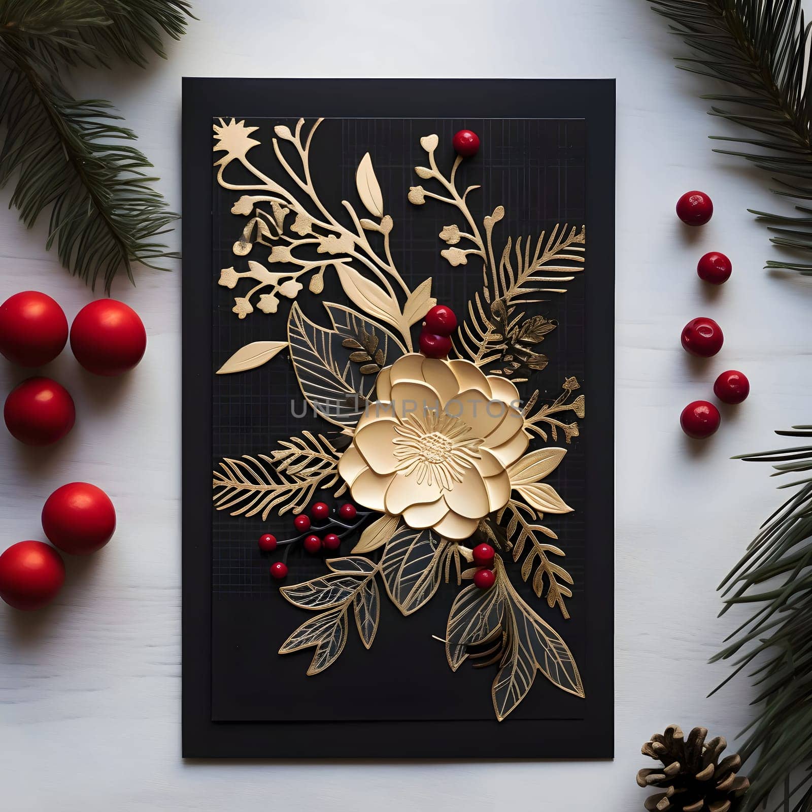 Dark card with handmade gold leaf flower and sprigs of conifers around red rowan ornament. Christmas card as a symbol of remembrance of the birth of the Savior. A time of joy and celebration.