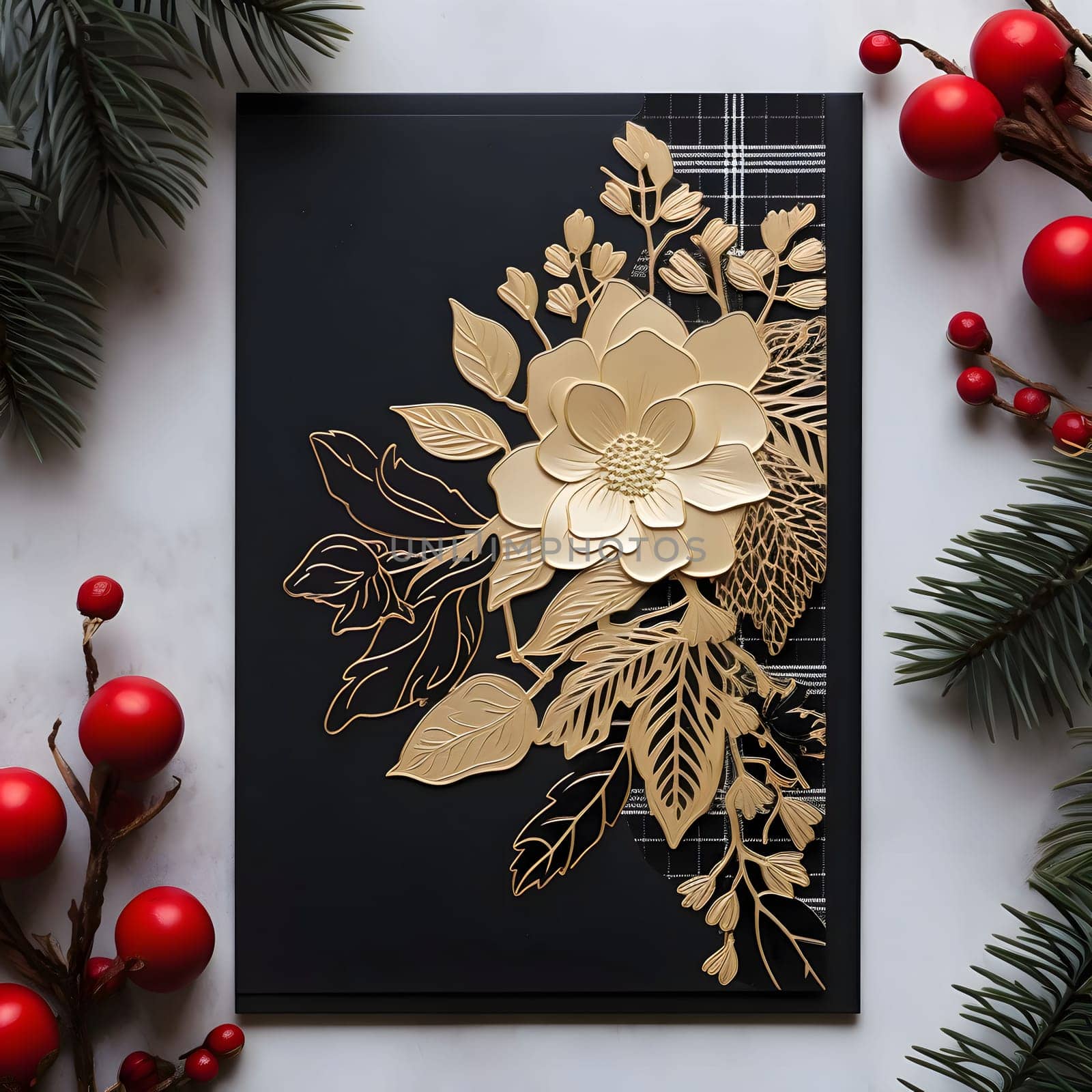 Dark card with handmade gold leaf flower and sprigs of conifers around red rowan ornament. Christmas card as a symbol of remembrance of the birth of the Savior. by ThemesS