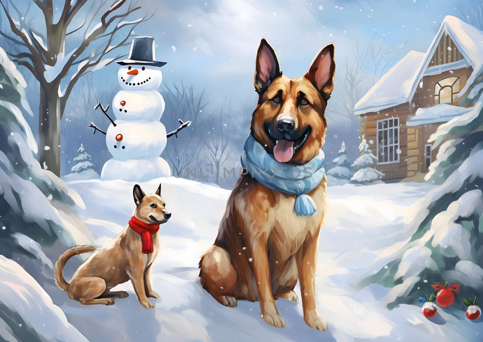 Illustration of two dogs in a Snowy landscape, snowman in the background, Christmas tree house. Christmas card as a symbol of remembrance of the birth of the Savior. A time of joy and celebration.