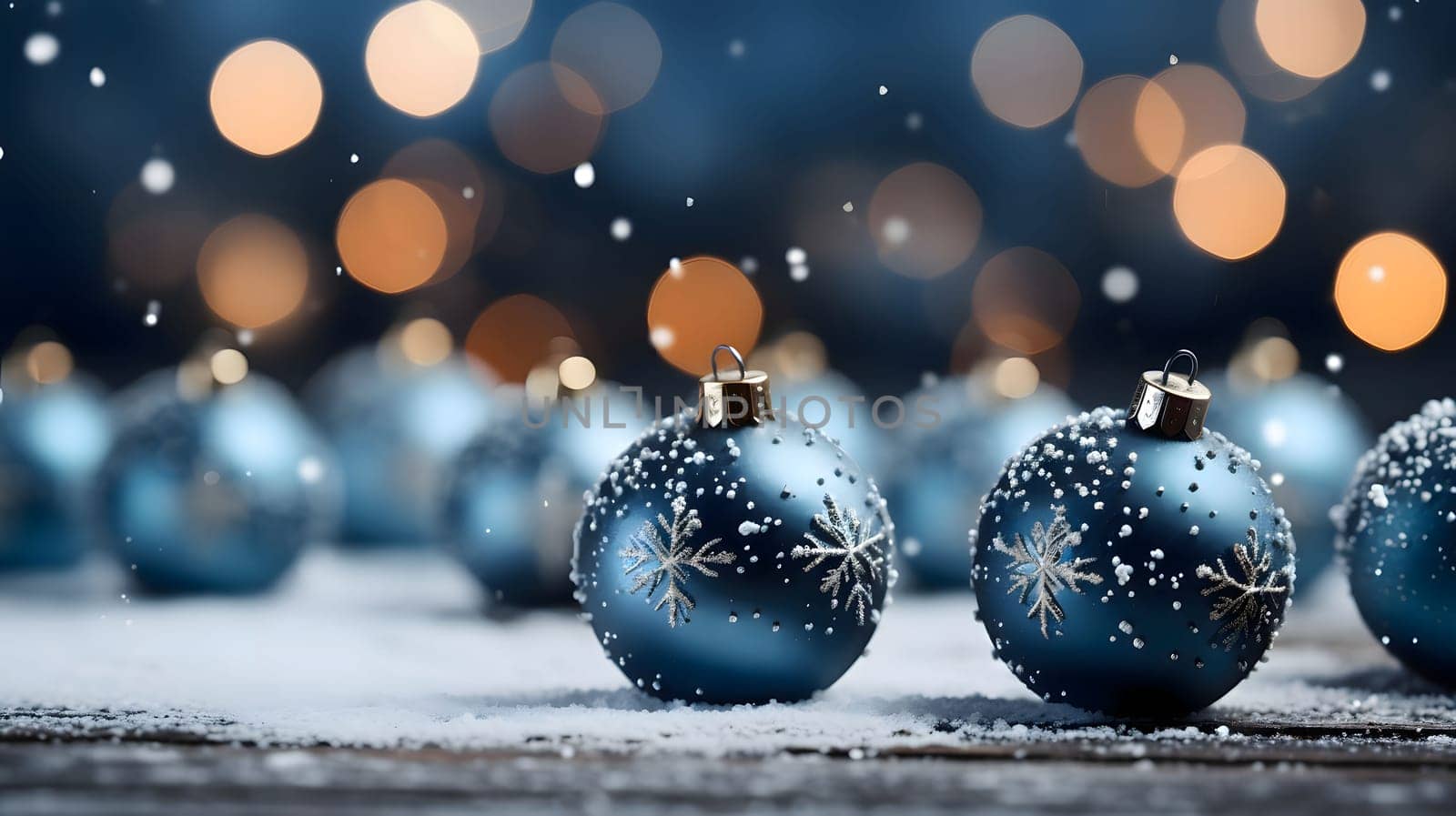 Blue baubles on white snow on the right side. Orange bokeh effect in the background.Christmas banner with space for your own content. by ThemesS