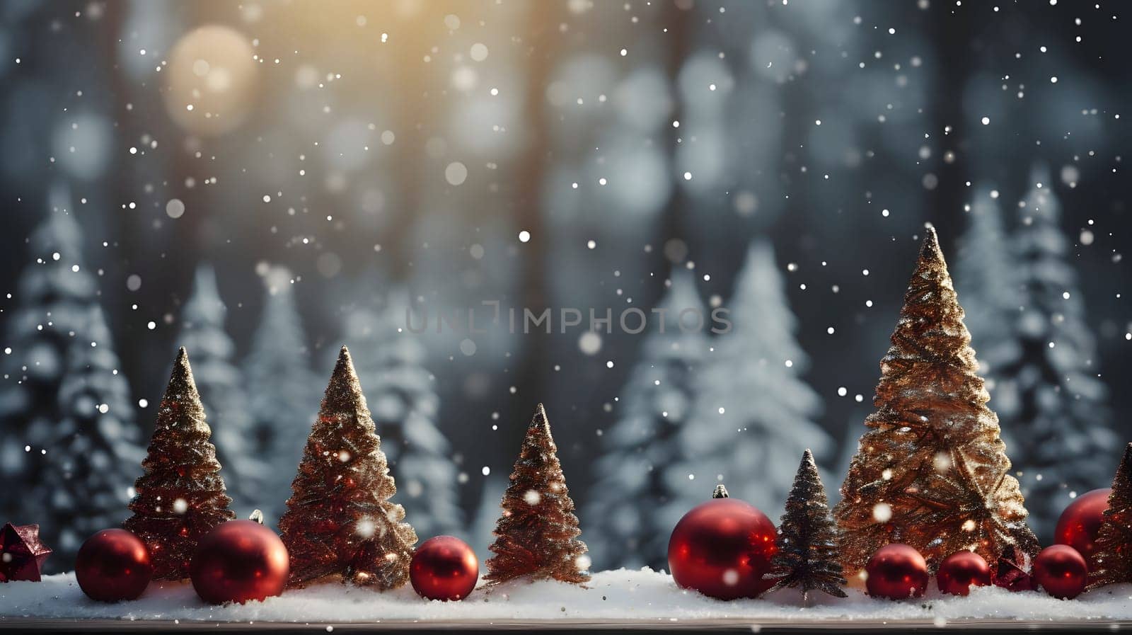Small Christmas trees with red baubles on white snow in the middle. Blurred background of pine trees. Side view.Christmas banner with space for your own content. Blank field for the inscription.