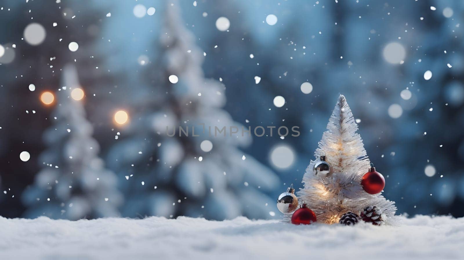 Small white Christmas trees on snow. In the background light bokeh effect and falling snow, smudged winter pine forest. Side view.Christmas banner with space for your own content. Blank field for the inscription.