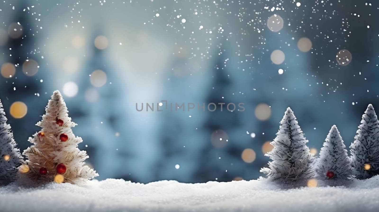 Small white Christmas trees on snow. In the background light bokeh effect and falling snow, smudged winter pine forest. Side view.Christmas banner with space for your own content. by ThemesS