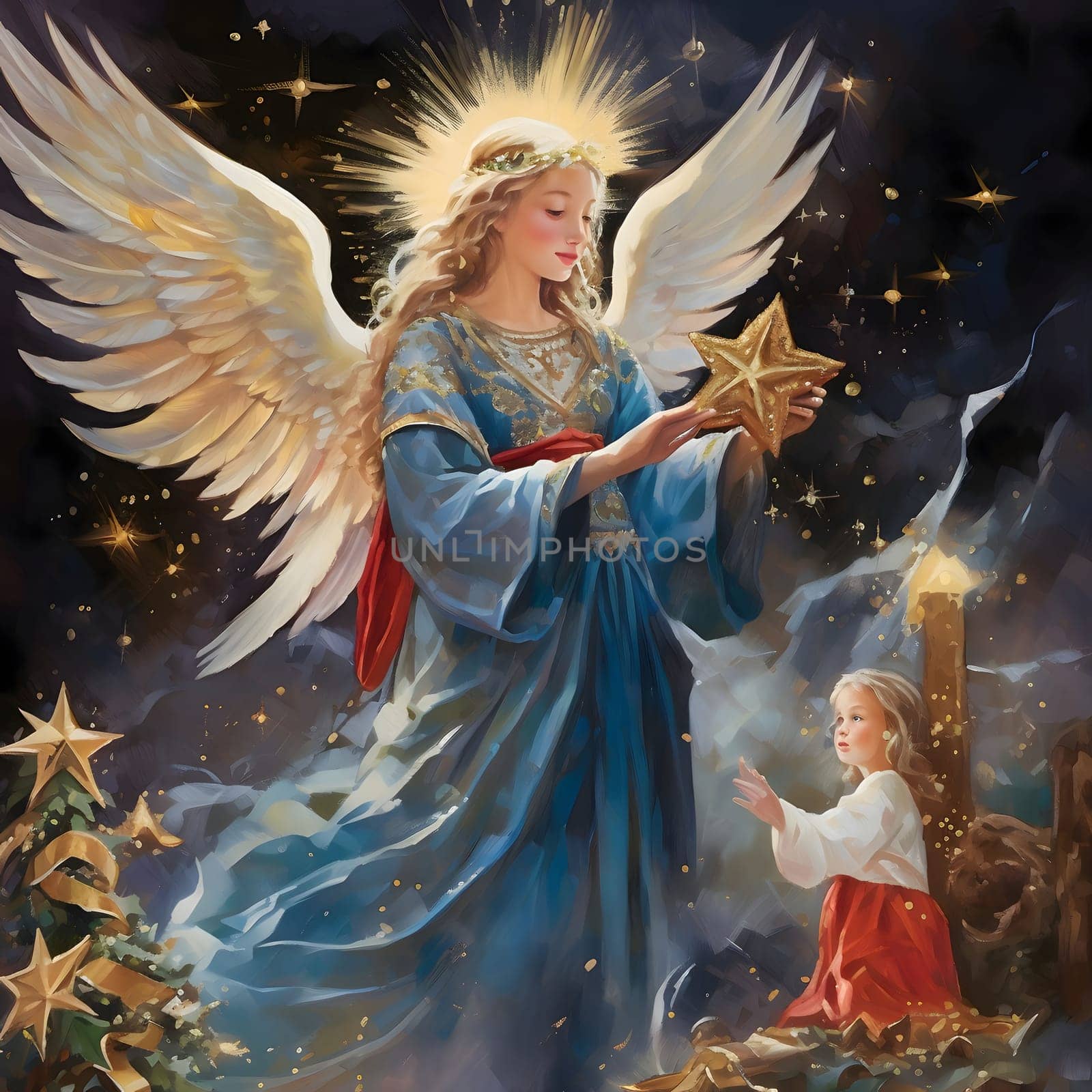 Angel in the form of a girl with a star in her hands in front of a little girl. Christmas card as a symbol of remembrance of the birth of the Savior. A time of joy and celebration.