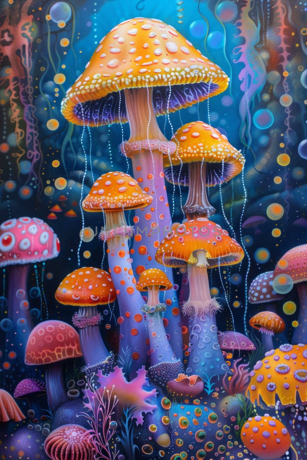 A painting of a colorful underwater scene with mushrooms and sea life