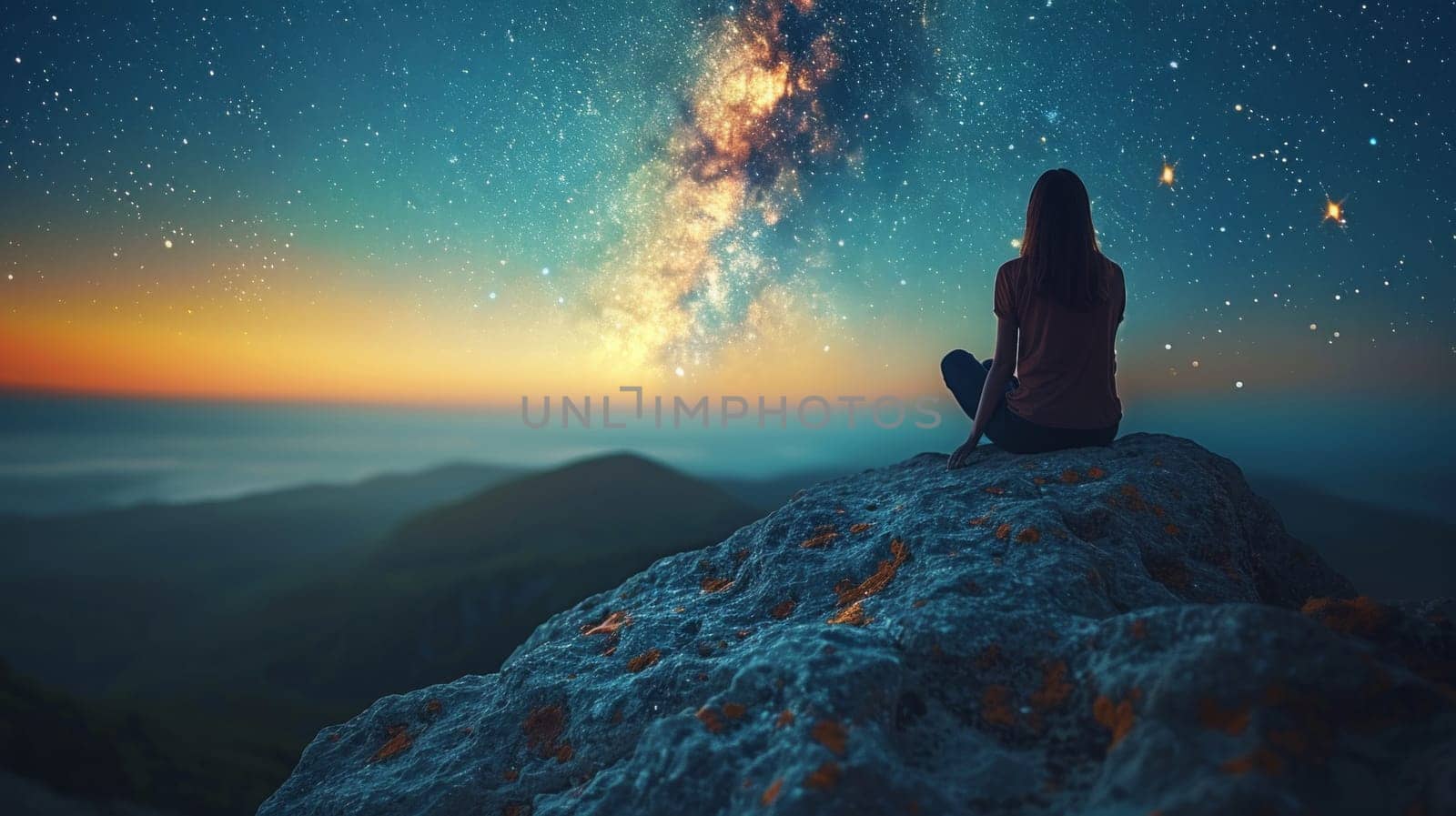 A woman sitting on a rock looking up at the stars