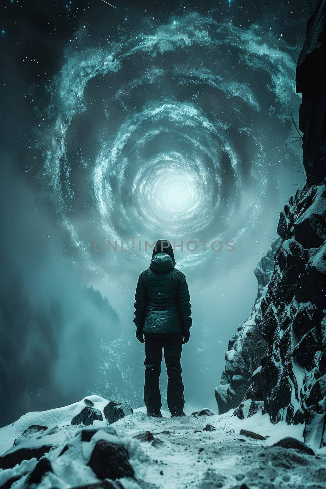 A man standing in the snow looking at a spiral galaxy