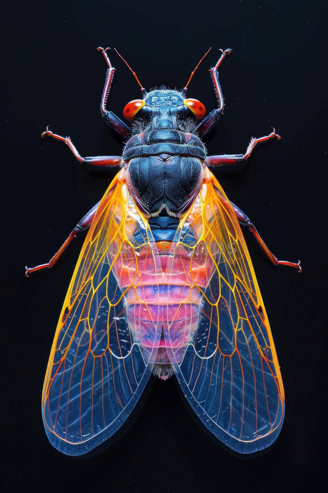 A close up of a colorful insect with long antennae