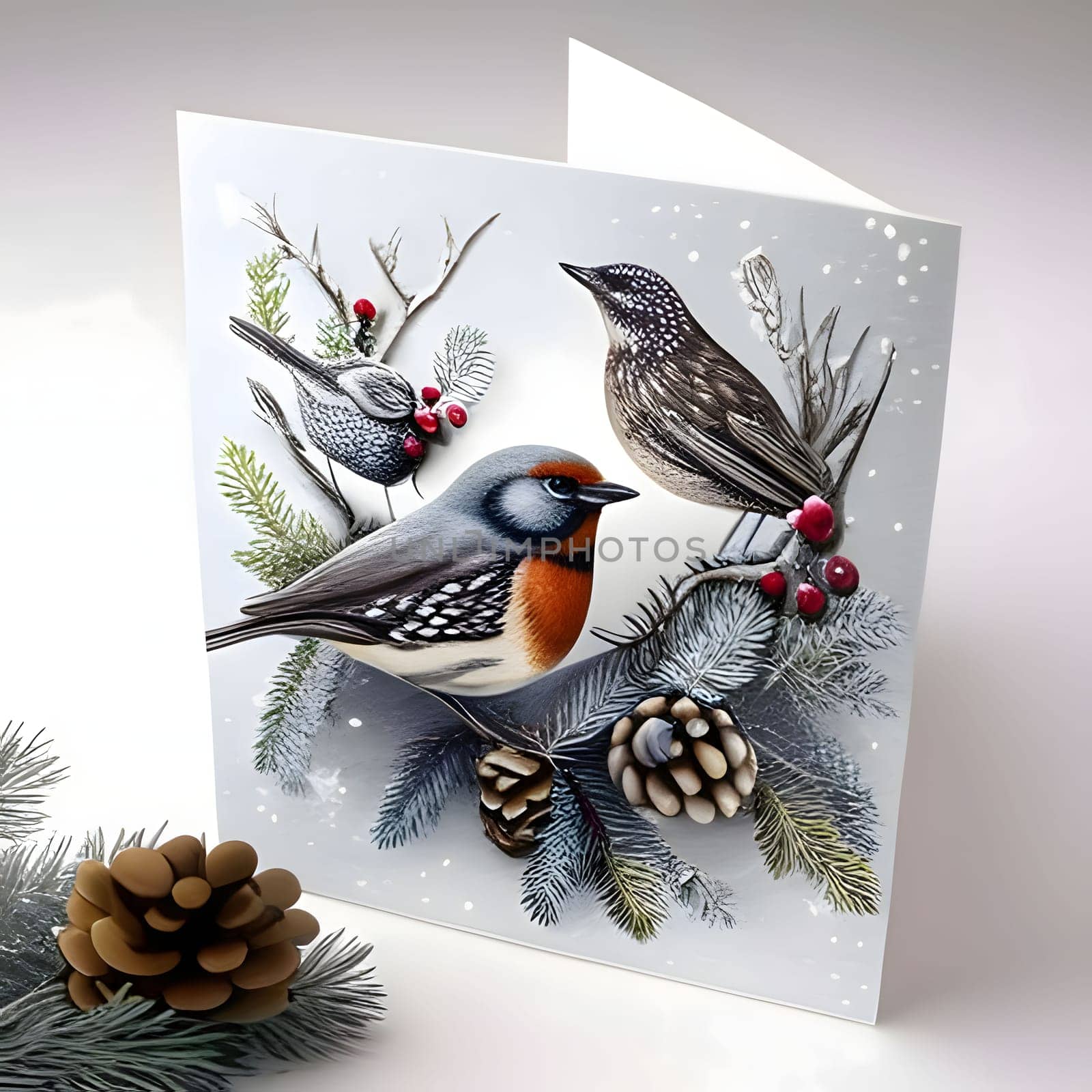 Card with birds on spruce branches. Christmas card as a symbol of remembrance of the birth of the savior. A Time of Joy and Celebration.