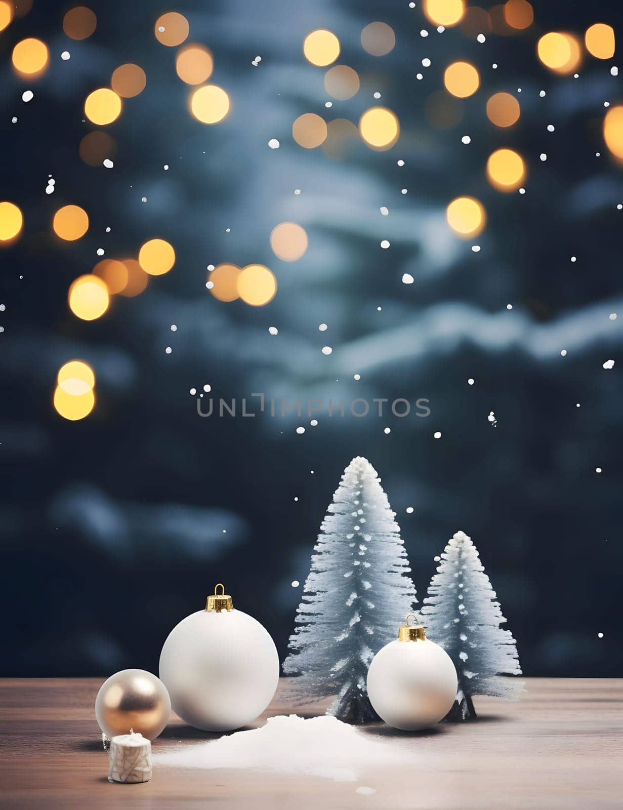 Tiny Christmas trees and baubles on a wooden top at the bottom. In the background falling snow and bokeh effect.Christmas banner with space for your own content. Blank field for your inscription.