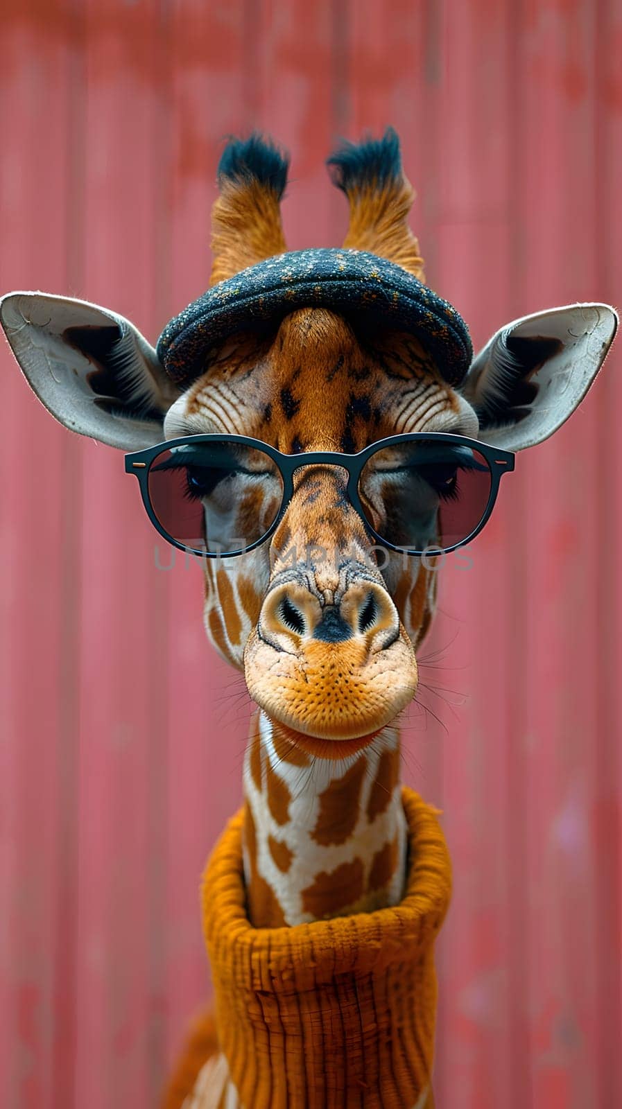 A giraffe, wearing sunglasses and a sweater, is standing in front of a red wall. The giraffes long neck and fawn colored fur stand out against the vibrant background
