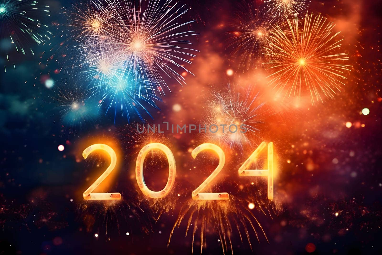 Card, illustration, graphic with fireworks and confetti shooting with the inscription 2024 to celebrate the new year. A time of festivities and resolutions.