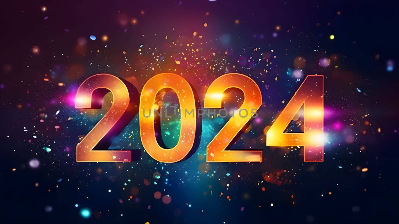 Card, illustration, graphic with fireworks and confetti shooting with the inscription 2024 to celebrate the new year. A time of festivities and resolutions.
