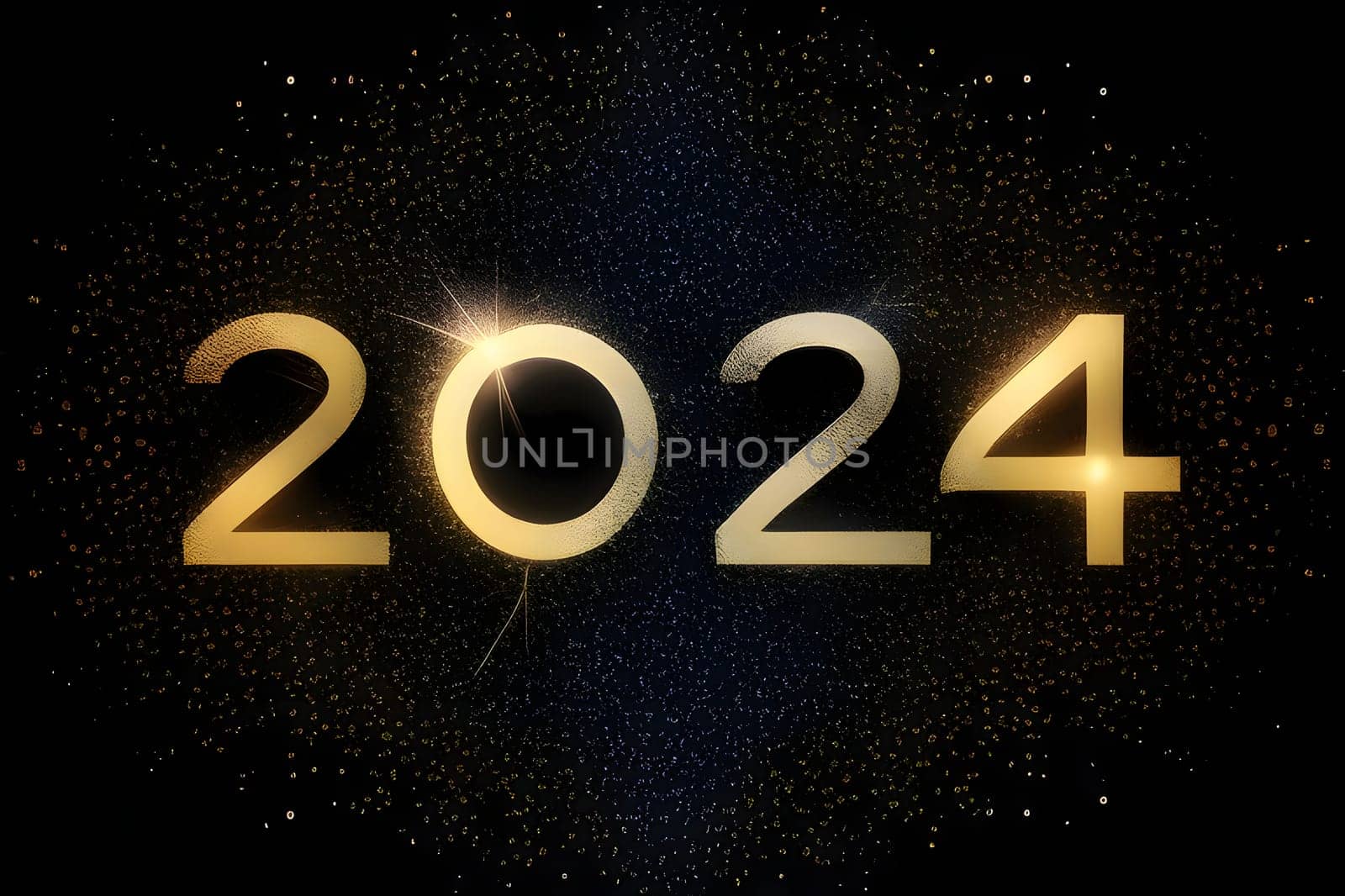 Card, illustration, graphic with gold dust and with the inscription 2024 to celebrate the new year. A time of festivities and resolutions.