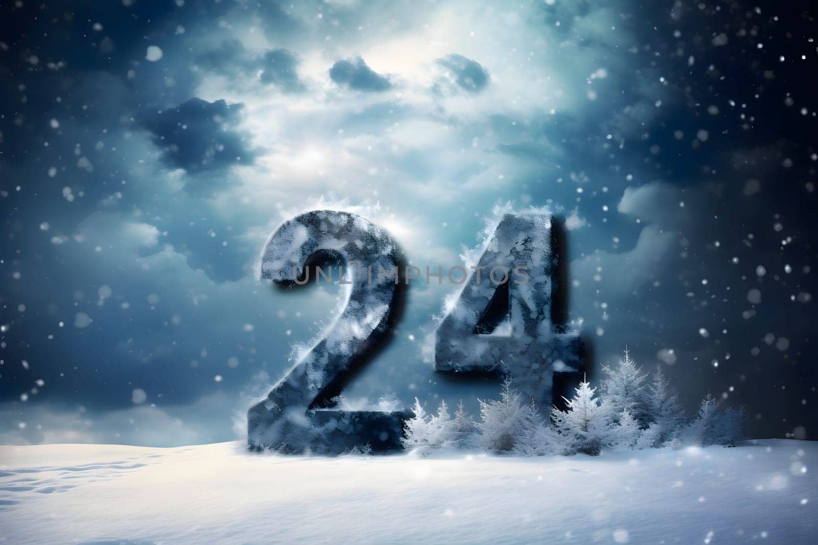 Card, illustration, graphic in winter scenery with the inscription 2024 to celebrate the new year. A time of festivities and resolutions.